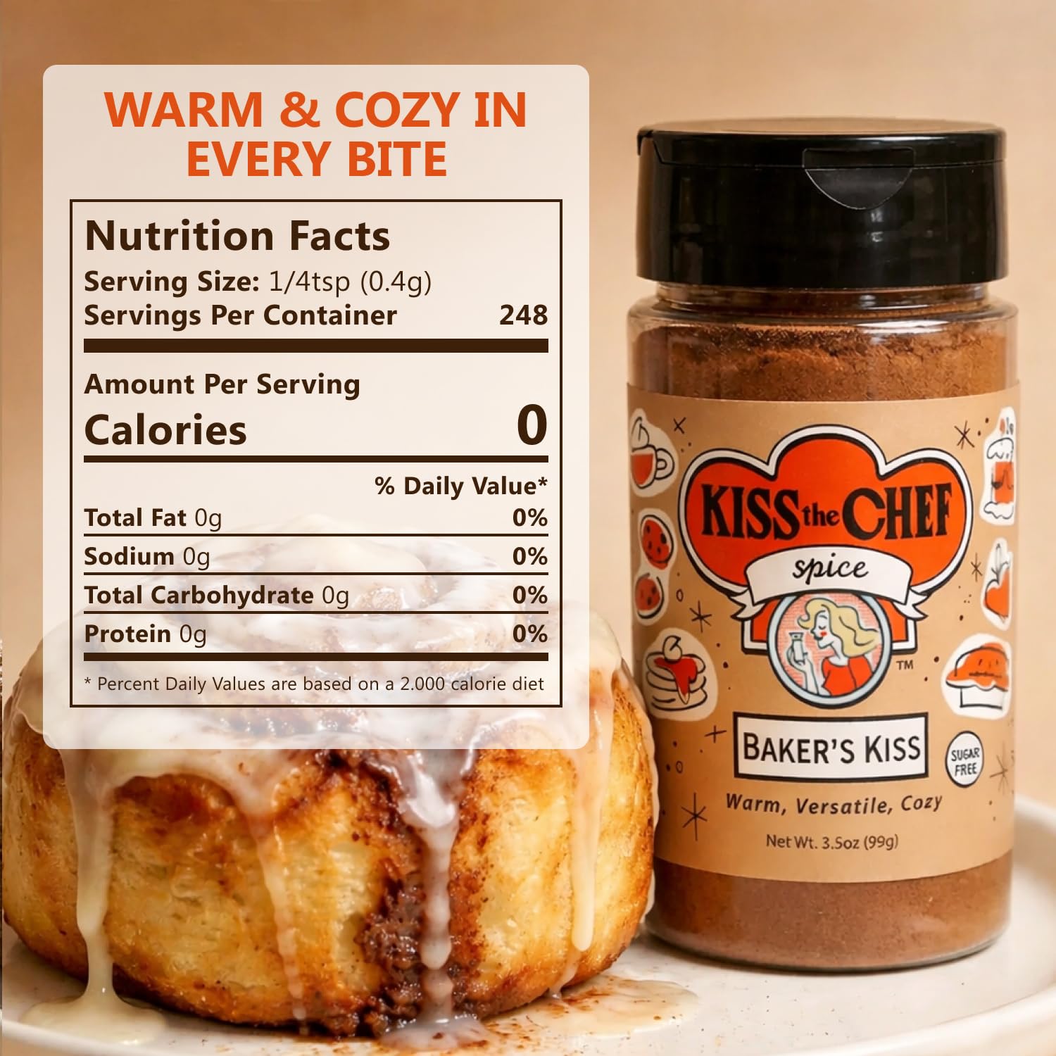 Kiss the Chef Baker's Kiss Cinnamon Cardamom Spice Blend 3.5 oz - Warm Spice for Baking, Iced Coffee, Apple Pie, Cocktails & Ice Cream - All-Season