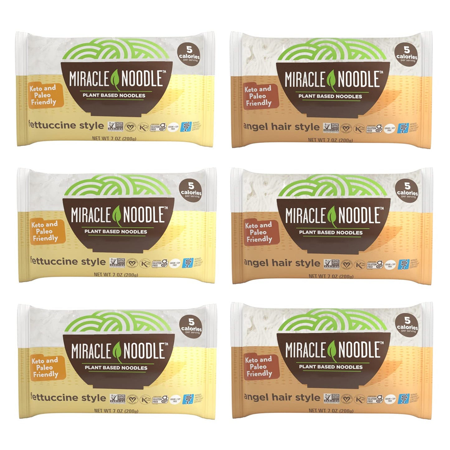 Miracle Noodle Variety Pack (Pack of 6), Angel Hair, Fettuccine, Plant Based Shirataki Konjac Noodles, 5 Calories, 1g Net Carbs Per Serving, Keto