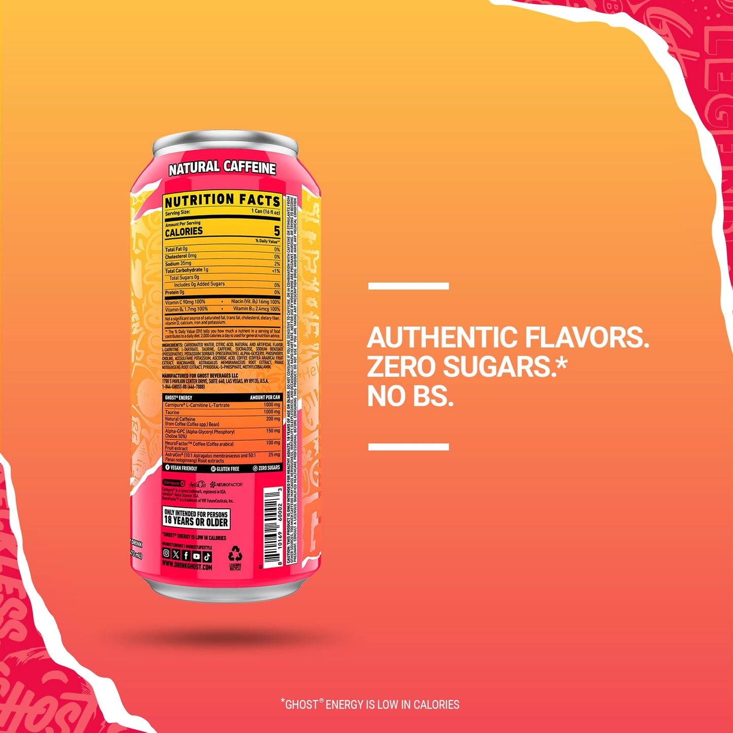 GHOST Energy Drink - 12-Pack, Strawbango, 16oz - Energy & Focus & No Artificial Colors - 200mg of Natural Caffeine, L-Carnitine & Taurine