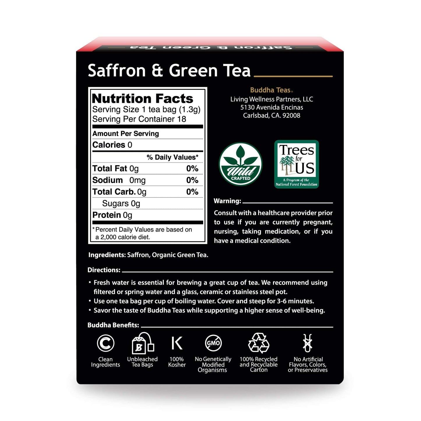 Buddha Teas - Saffron & Green Tea - For Health & Wellbeing - Wild Crafted Tea - With Antioxidants & Minerals - Clean Ingredients - Caffeinated - OU