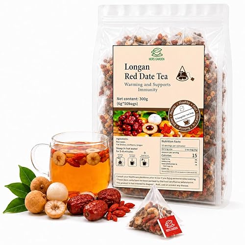 Chinese Herbal Tea Bags with Longan, Red Date & Goji Berry, Jujube Tea, Caffeine Free Wellness Tea, Traditional Chinese Tea, 50 Triangle Tea Bags