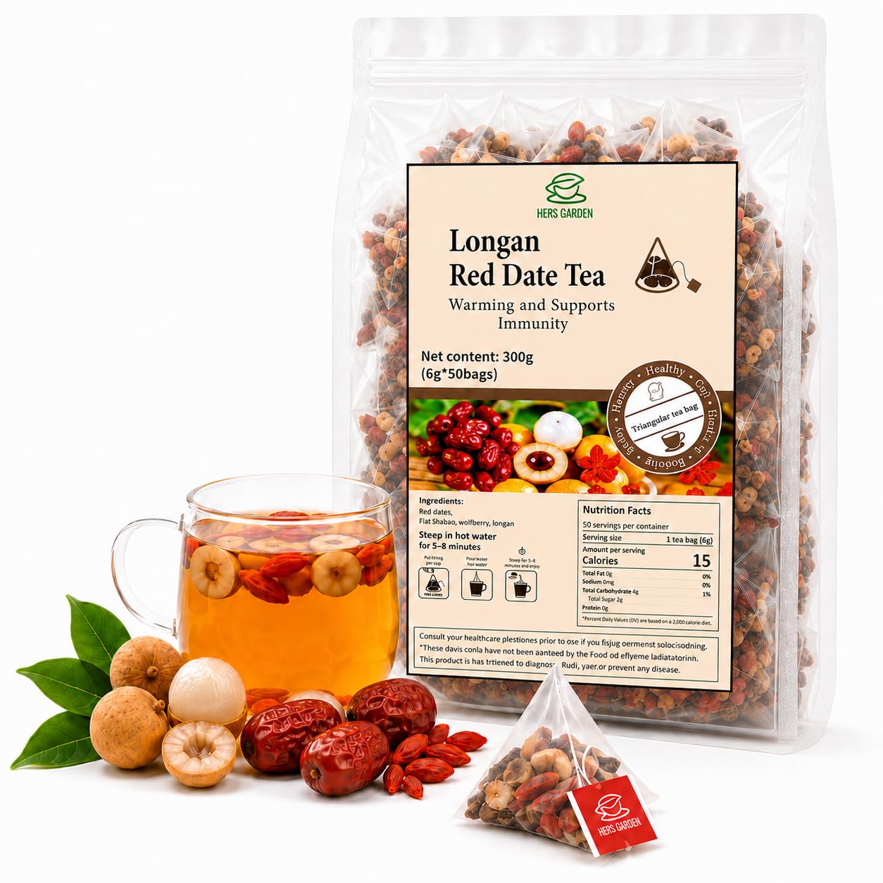 Chinese Herbal Tea Bags with Longan, Red Date & Goji Berry, Jujube Tea, Caffeine Free Wellness Tea, Traditional Chinese Tea, 50 Triangle Tea Bags