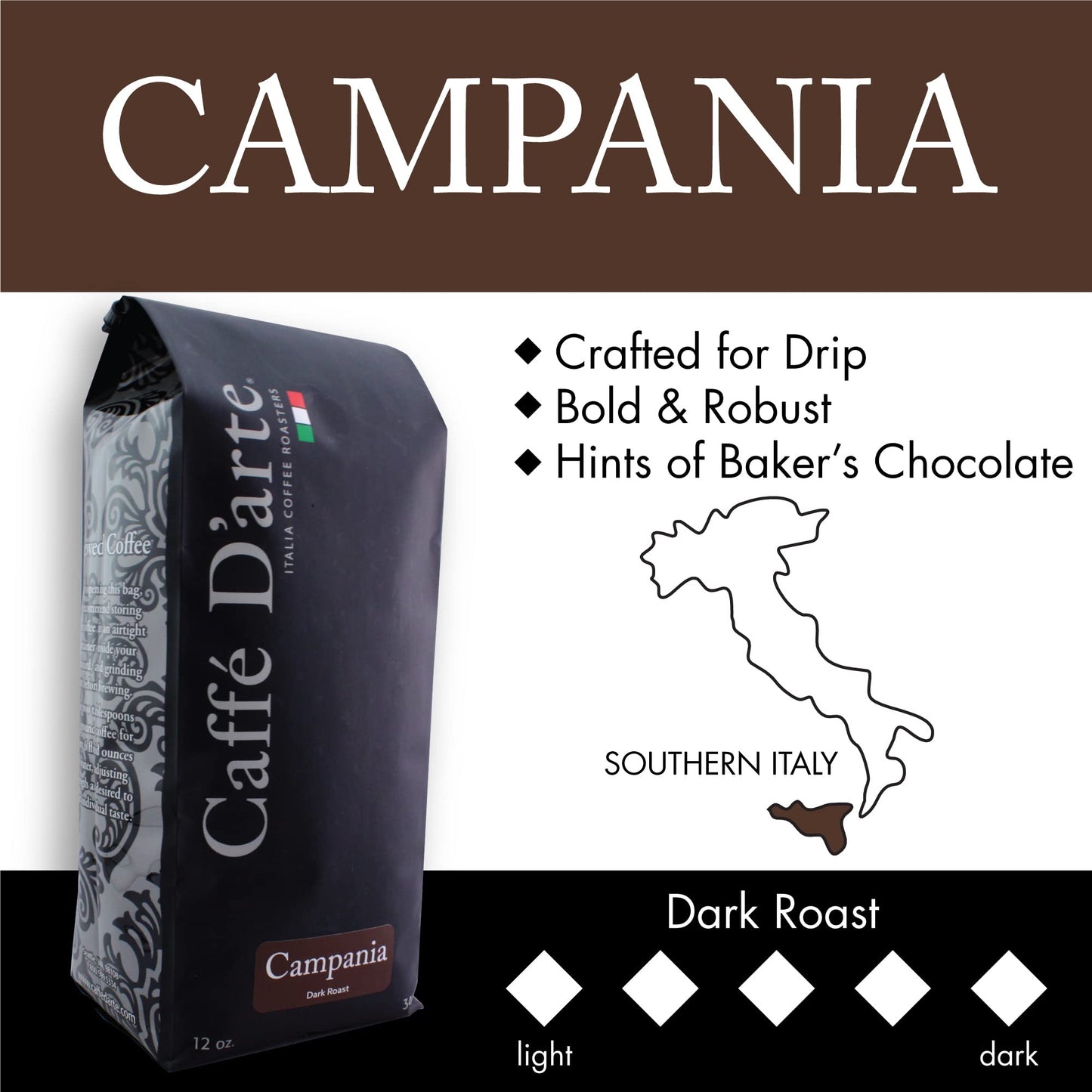 Caffe D’arte Campania Ground Coffee - Dark Roast, Bold & Robust, Roasted in Seattle, Crafted for Drip Coffee Makers, 12 oz