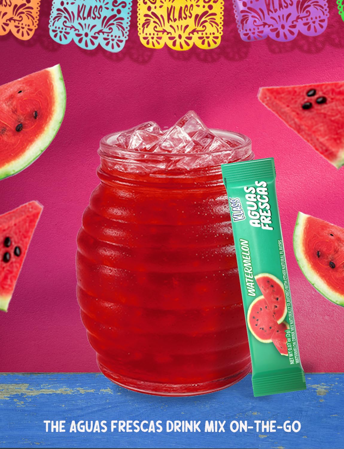 Klass Aguas Frescas, Powdered Drink Mix, 40 Singles Zero Sugar & Caffeine-Free Powder Packets, Water Drink Mix, Flavor: Watermelon - 5 Calories Per