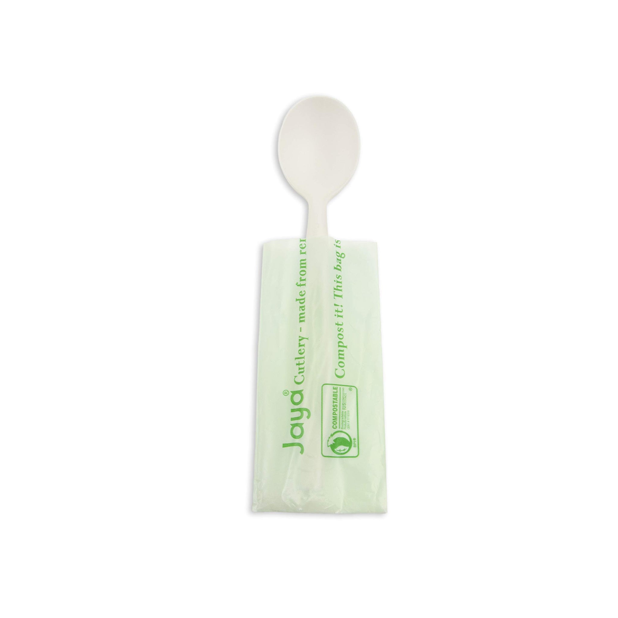 Jaya 100% Compostable 6.5" Heavy Duty Cutlery, Indv. Wrapped Spoon, White, 750-Count Case