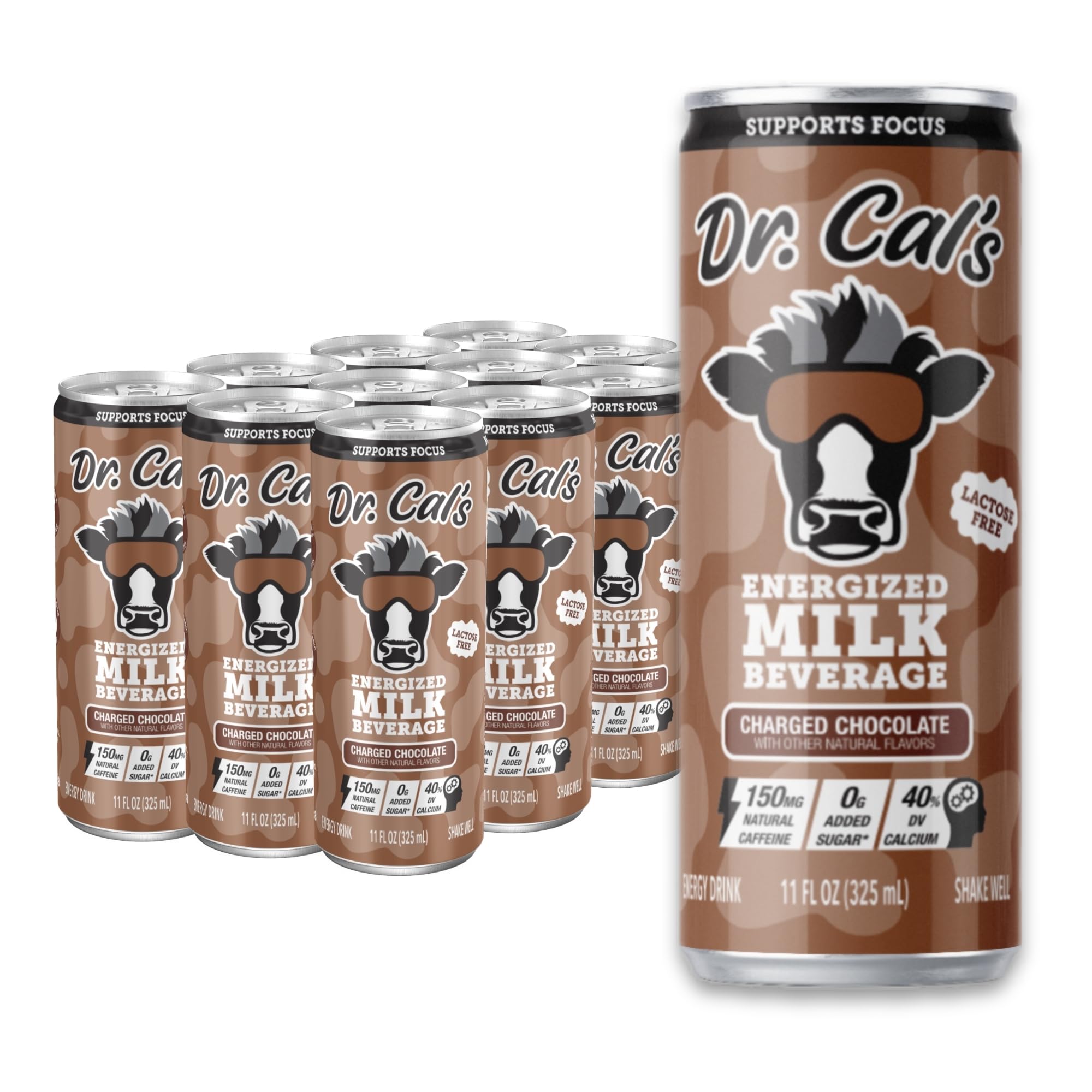 Dr. Cal’s Chocolate Milk Energy Drink - 150mg Natural Caffeine - 0g Added Sugar - Lactose Free - 12 Pack