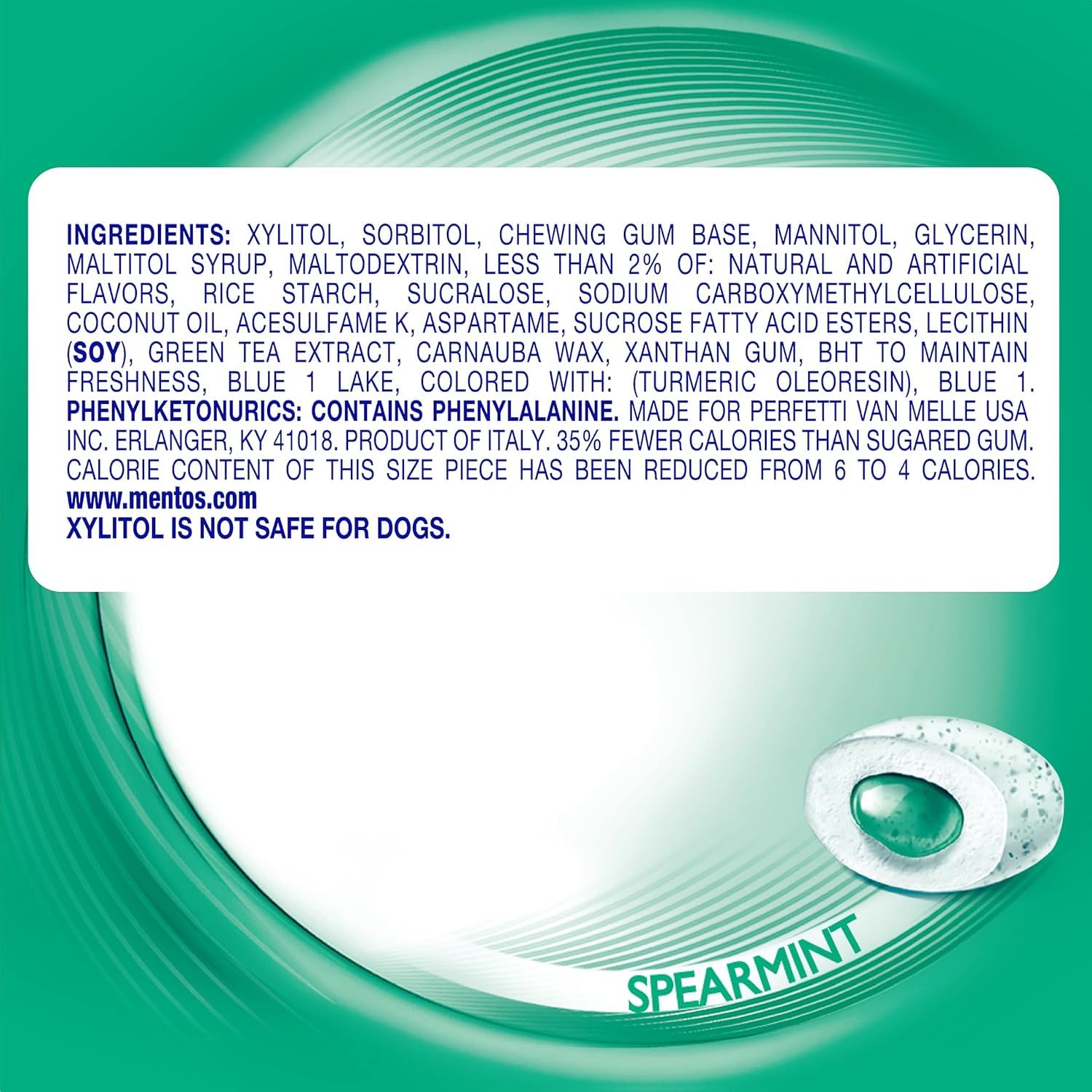 Mentos Pure Fresh Sugar Free Gum, Spearmint, 50 Piece Bottle, Pack of 6