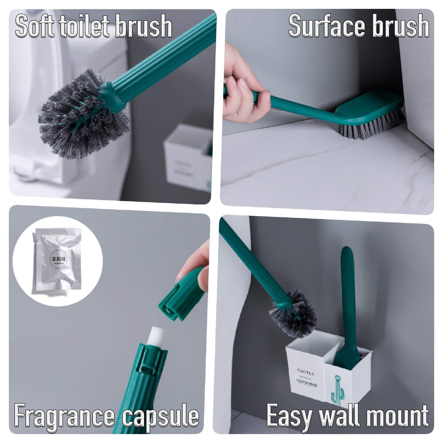 Toilet Brush and Holder Cactus Shape Set of Two Easy to Clean Without Dead Ends Kit Long Brush for Bathroom Cleaning Wall Adhesive Mount
