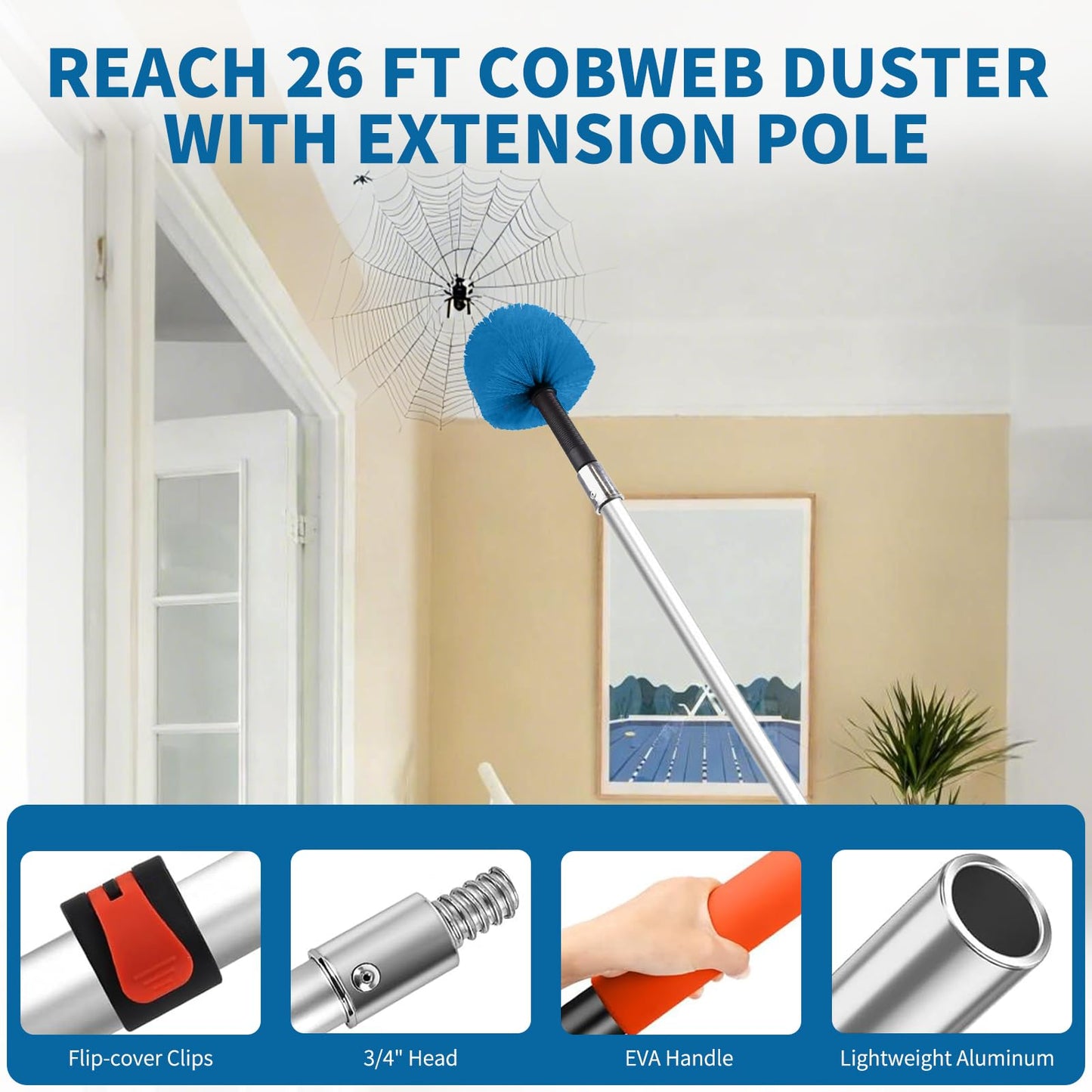 Cobweb Duster with Extension Pole, Dense Soft Bristles & Efficient Dust Removal, High Reach Cleaning 5-20FT Adjustable to 26FT, Indoor Outdoor