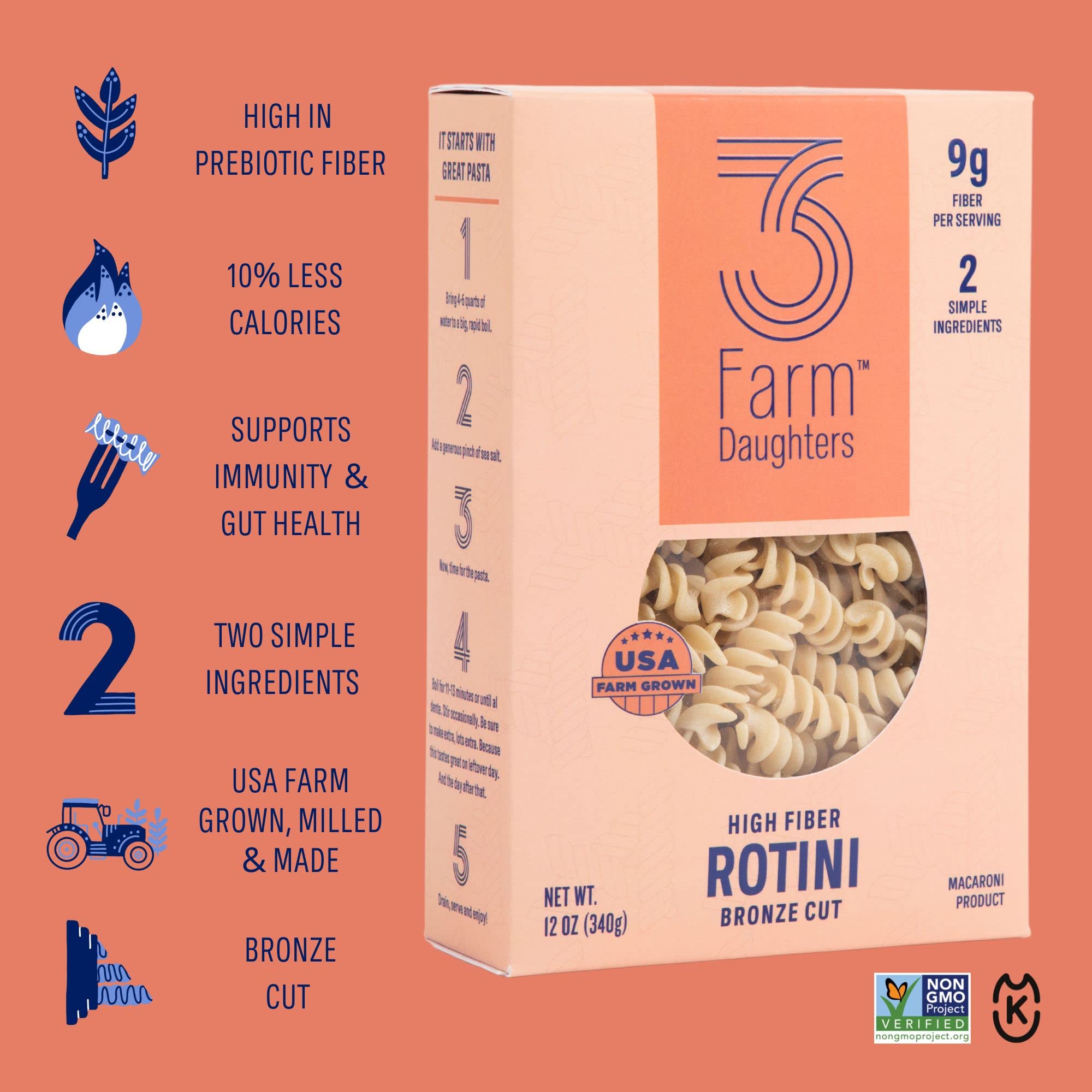 Three Farm Daughters High Fiber Pasta Rotini Pack, Low GI, Non GMO Rotini Pasta Noodles, Low Net Carb, Made in the USA, 12 oz. (1 Pack)