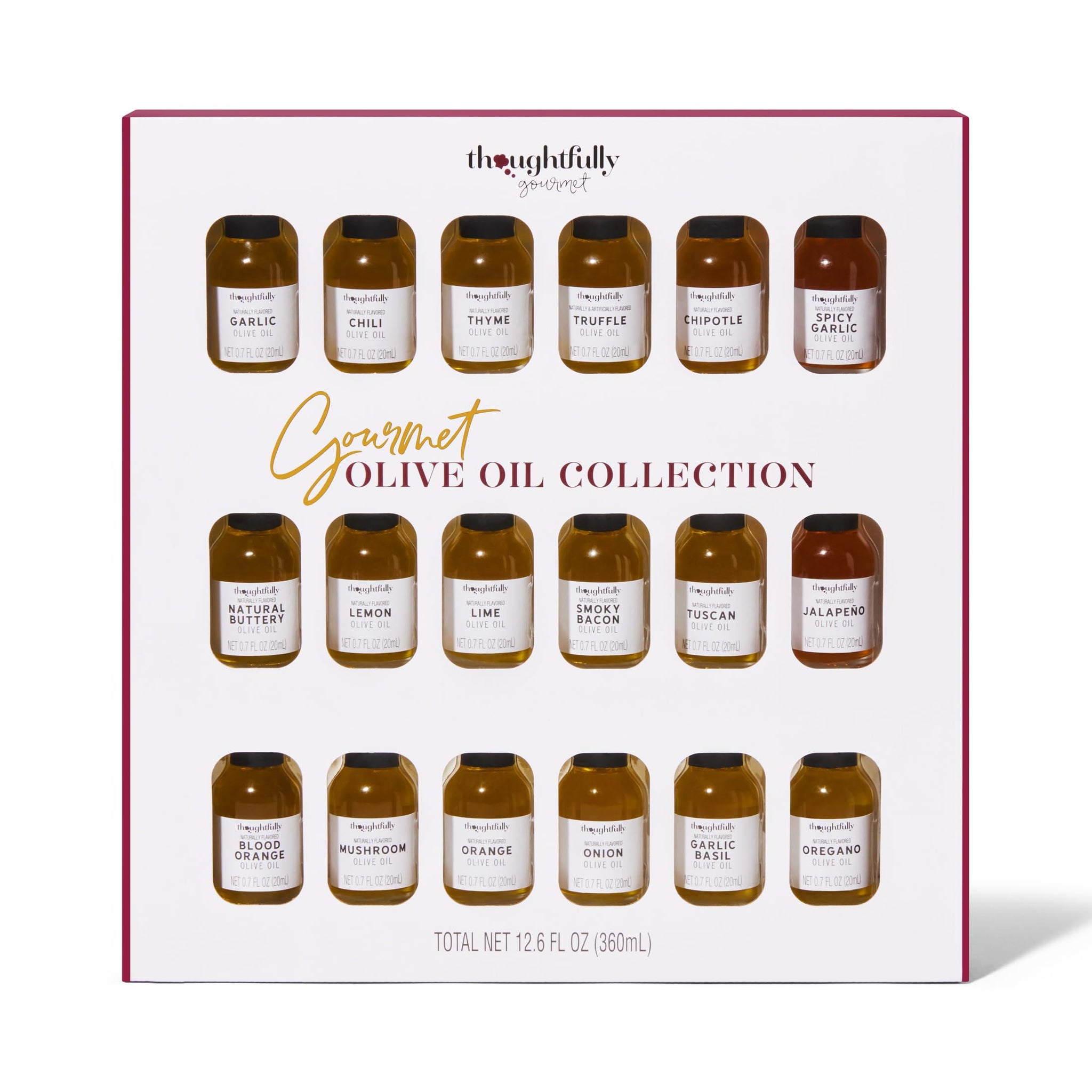 Thoughtfully Gourmet, Olive Oil Sampler Gift Set, Includes Uniquely Flavored Extra Virgin Cold Pressed Spanish Olive Oil, Flavors Include Garlic, Chili, Chipotle and More, Pack of 18