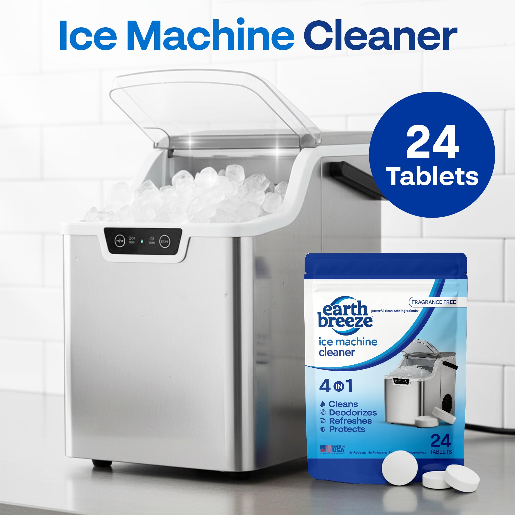 Earth Breeze Ice Machine Cleaner Tablets - 4-in-1 Cleans, Deodorizes, Refreshes & Protects - Fragrance Free, No Harsh Chemicals - Ice Maker Cleaner