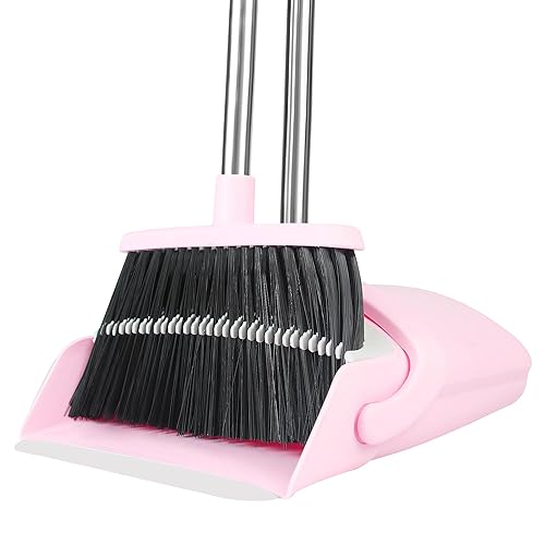 Pink Broom and Dustpan Set for Home, 52-in Long Handle Broom with Dustpan Combo with Dustpan Teeth Easy to Scrape Off Pet Hair, Indoor&Outdoor