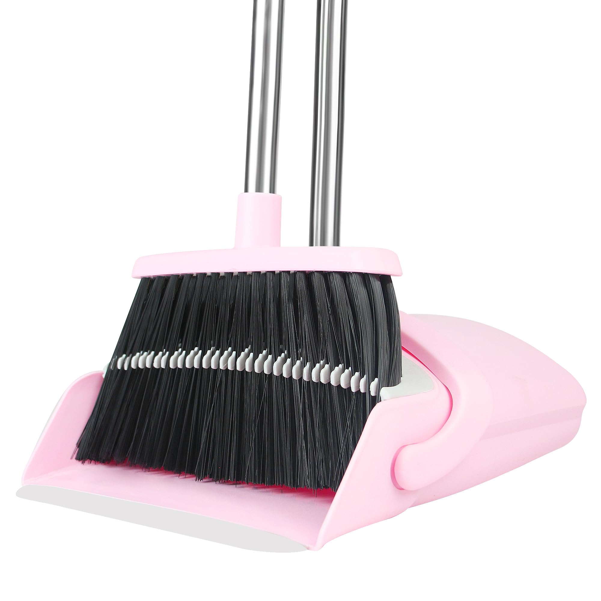 Pink Broom and Dustpan Set for Home, 52-in Long Handle Broom with Dustpan Combo with Dustpan Teeth Easy to Scrape Off Pet Hair, Indoor&Outdoor