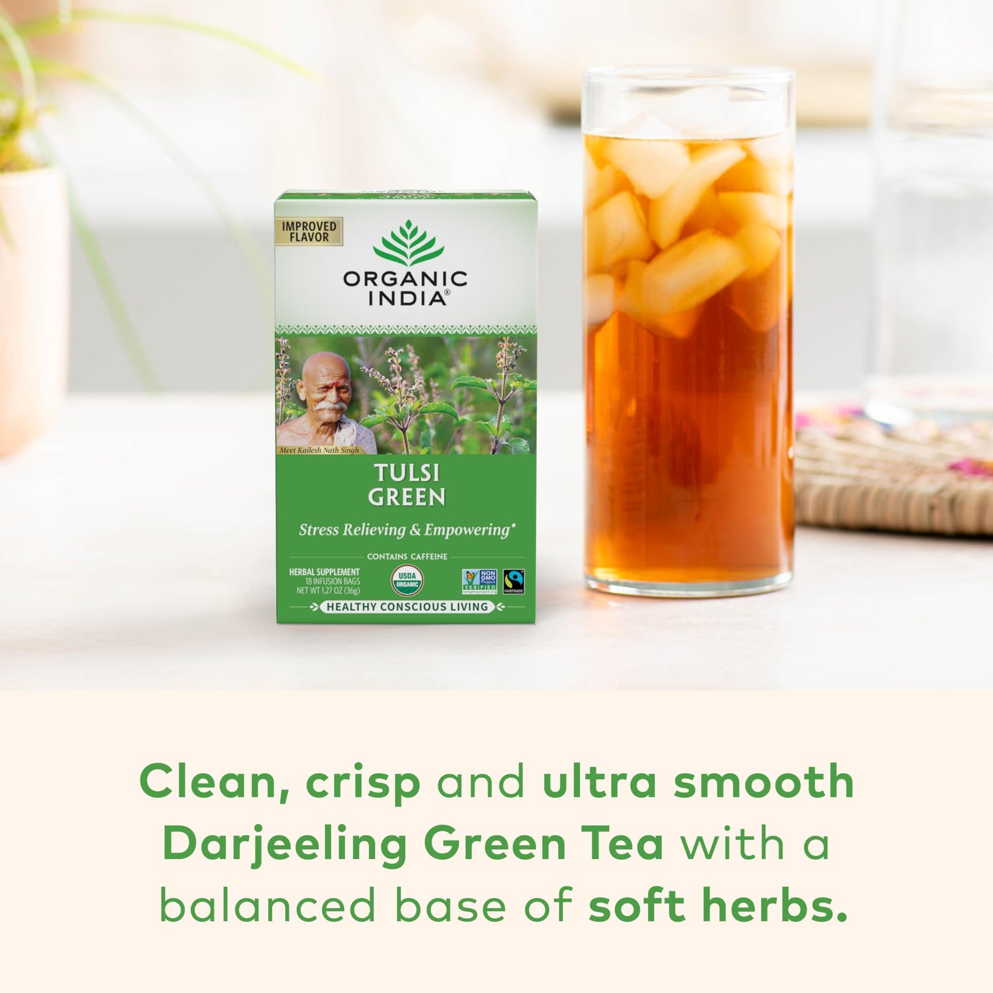 Organic India Tulsi Green Herbal Tea - Stress Relieving & Balancing, Immune Support, Adaptogen, Vegan, USDA Certified Organic, Caffeine-Free - 18