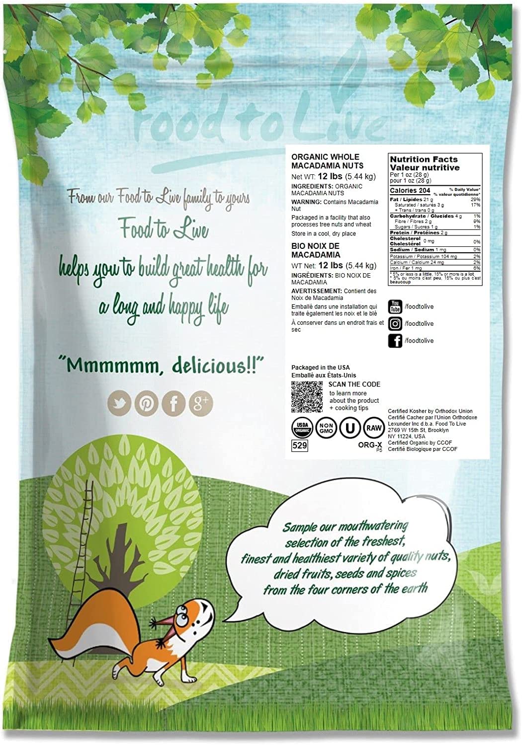 Food to Live Organic Whole Macadamia Nuts, 12 Pounds - Non-GMO, Raw, Shelled, Unsalted, Kosher, Vegan, Bulk. Keto Snack. Buttery Flavor. Good Source