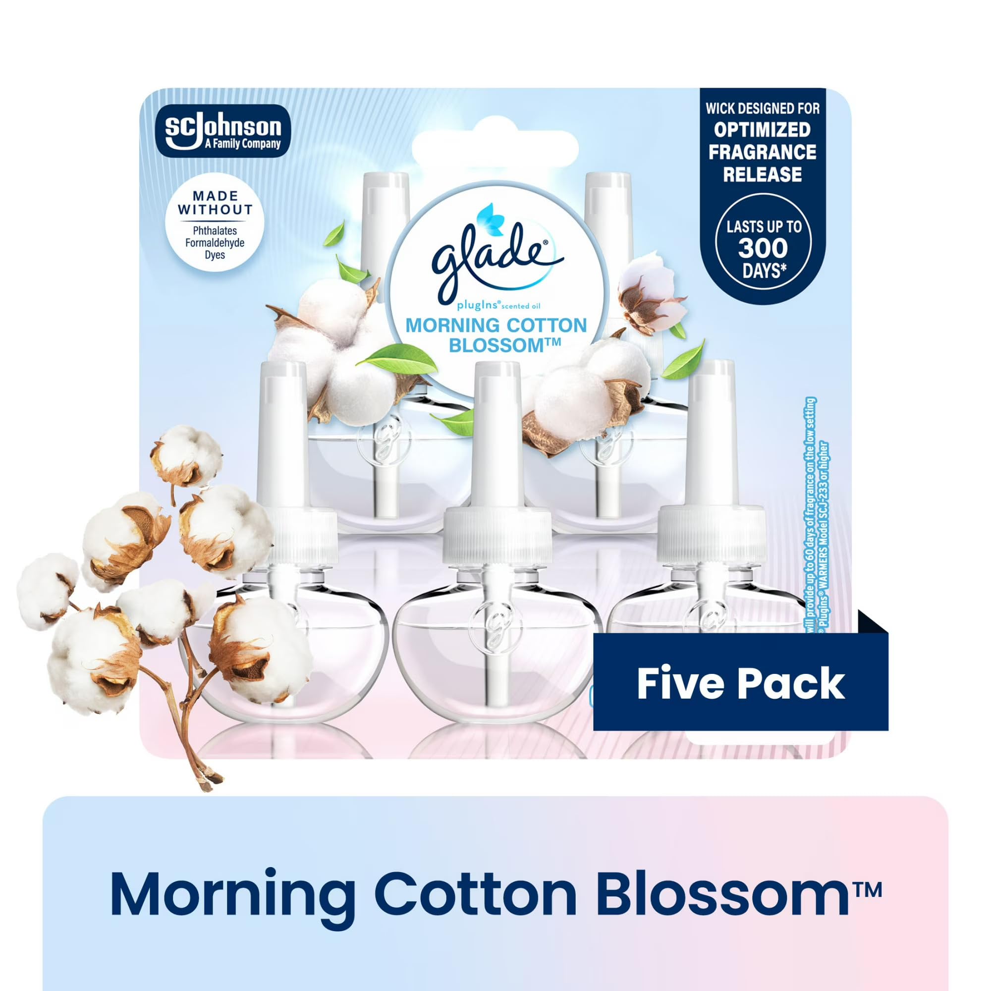 Glade PlugIns Scented Oil Refills, Morning Cotton Blossom, 5 Count, 0.67 fl oz Each, Long-Lasting Fragrance