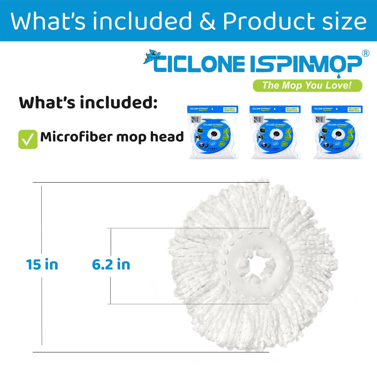 Ciclone Ispinmop 3-Pack Spin Mop Replacement Head - Spin Mop Refill Microfiber - Ciclone Ispinmop 360 Mop Head Refill - Spin Mop Head Replacement