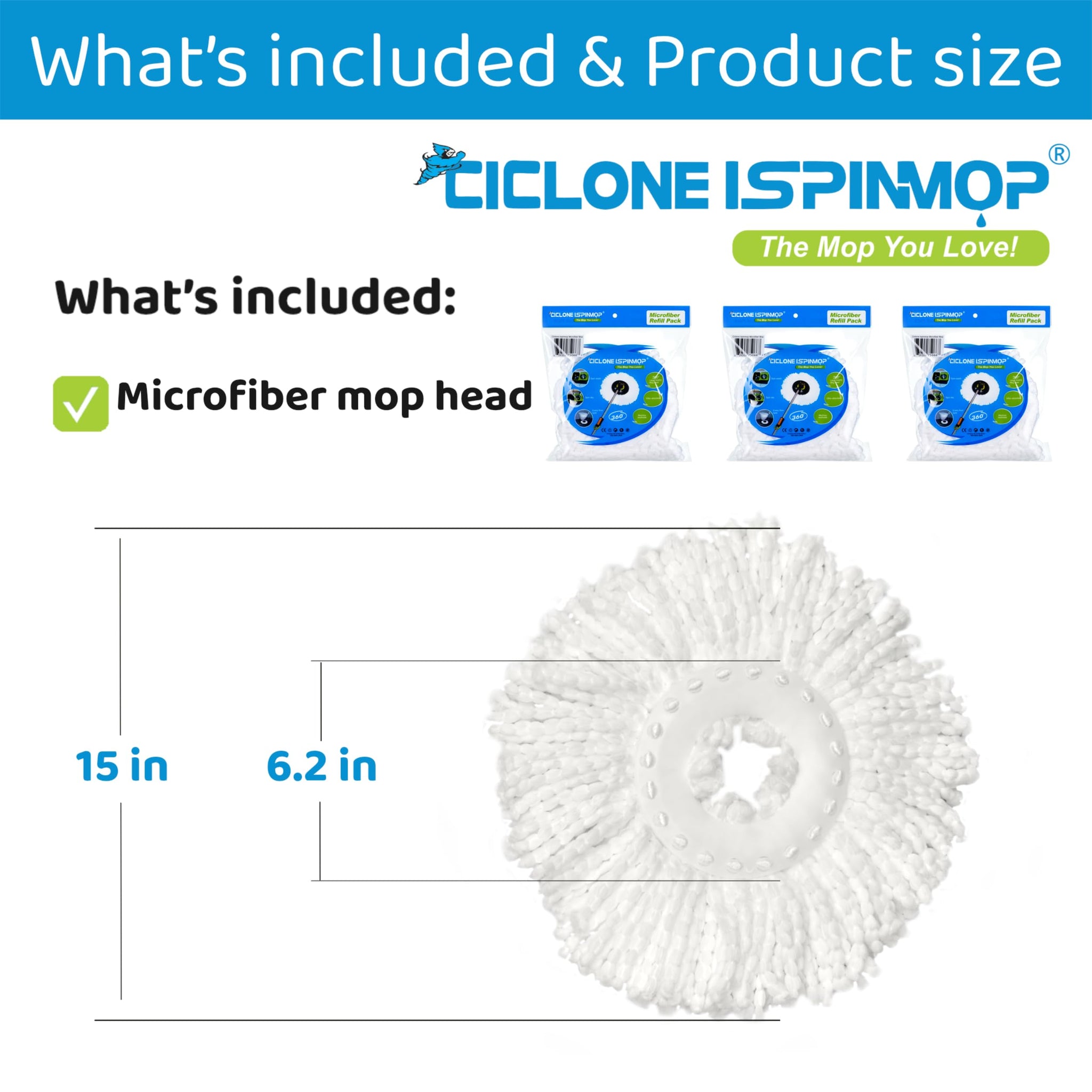 Ciclone Ispinmop 3-Pack Spin Mop Replacement Head - Spin Mop Refill Microfiber - Ciclone Ispinmop 360 Mop Head Refill - Spin Mop Head Replacement