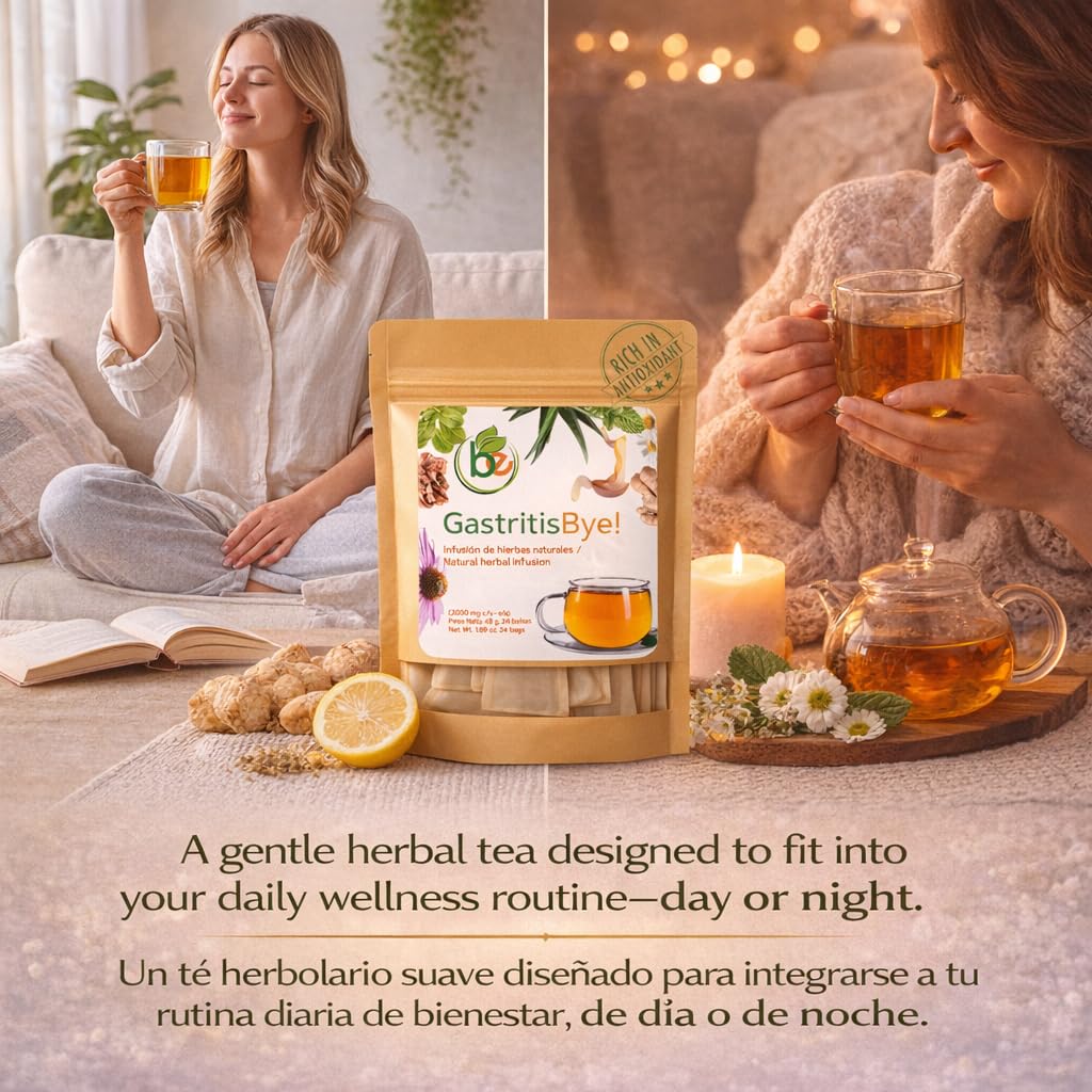 Gastritis-BYE Herbal Tea - Herbal Infusion for Digestive Comfort - 24 Tea Bags - Ginger, Chamomile, Boldo, Aloe Vera, Mint, Arnica & Cuachalalate