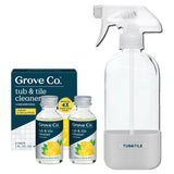 Grove Co. Tub and Tile Cleaner Refill Concentrate (2 x 1 Fl Oz) + 1 x Reusable Glass Spray Bottle (16 Oz) Plant-Based Cleaning Supplies Bundle, No