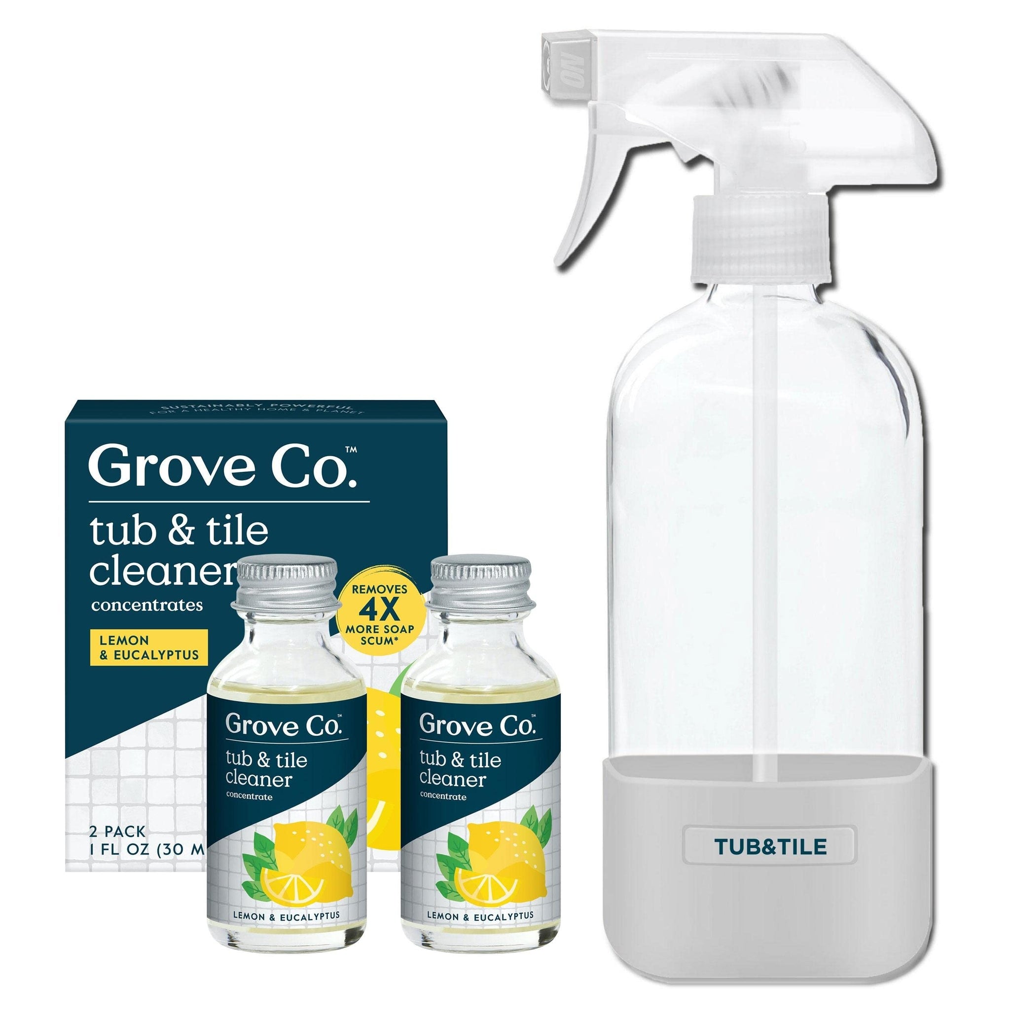 Grove Co. Tub and Tile Cleaner Refill Concentrate (2 x 1 Fl Oz) + 1 x Reusable Glass Spray Bottle (16 Oz) Plant-Based Cleaning Supplies Bundle, No