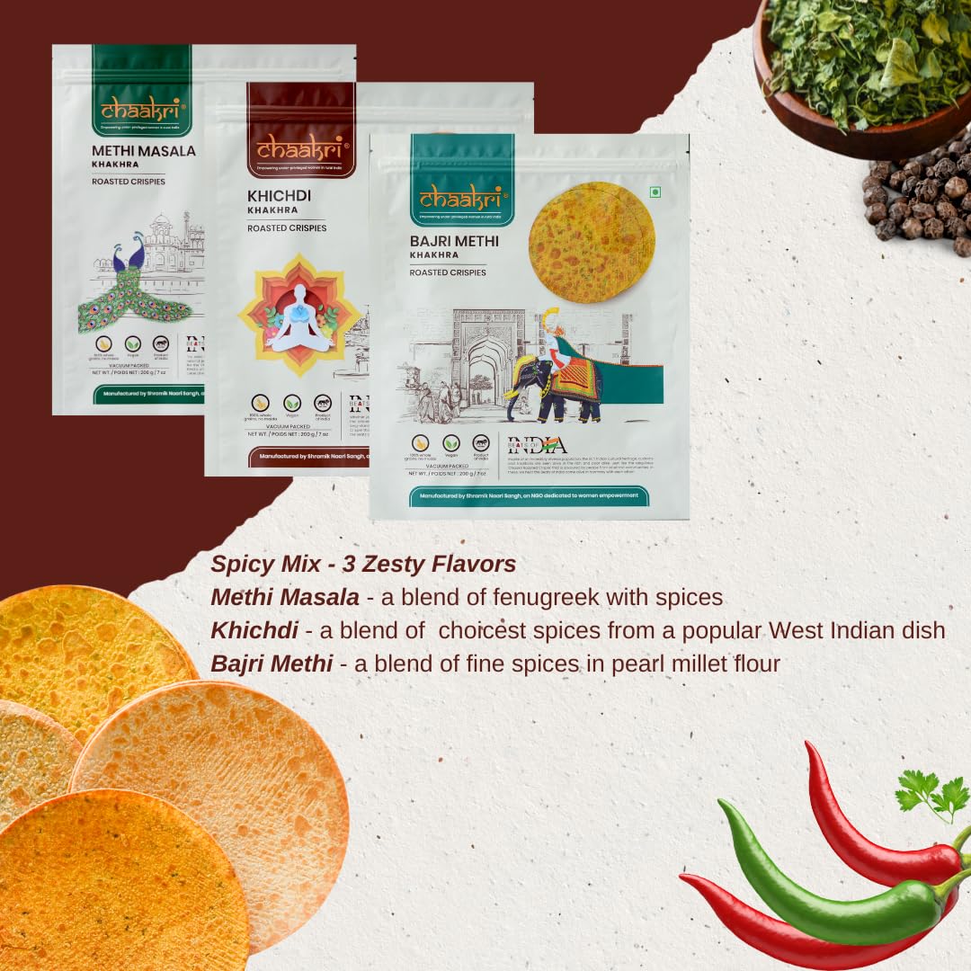 Chaakri Khakhra Roasted Crispies - 3 Pack, Whole Grain, Ready to Eat Savory Snacks, Non-GMO, Vegan (Spicy Mix)