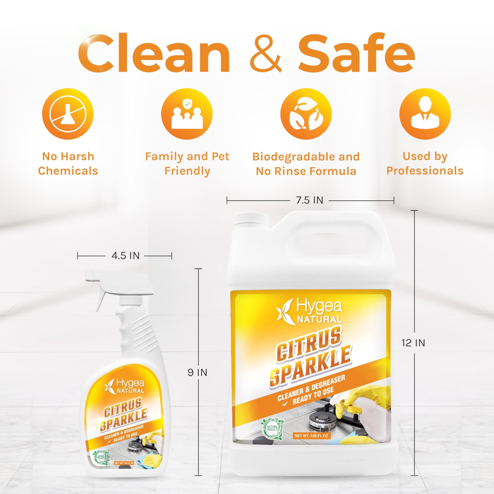 Hygea Natural Citrus Sparkle Chemical-Free Heavy Duty Degreaser & All Purpose Cleaner - Pure Citrus Extracts & Natural D-limonene - Removes Grease