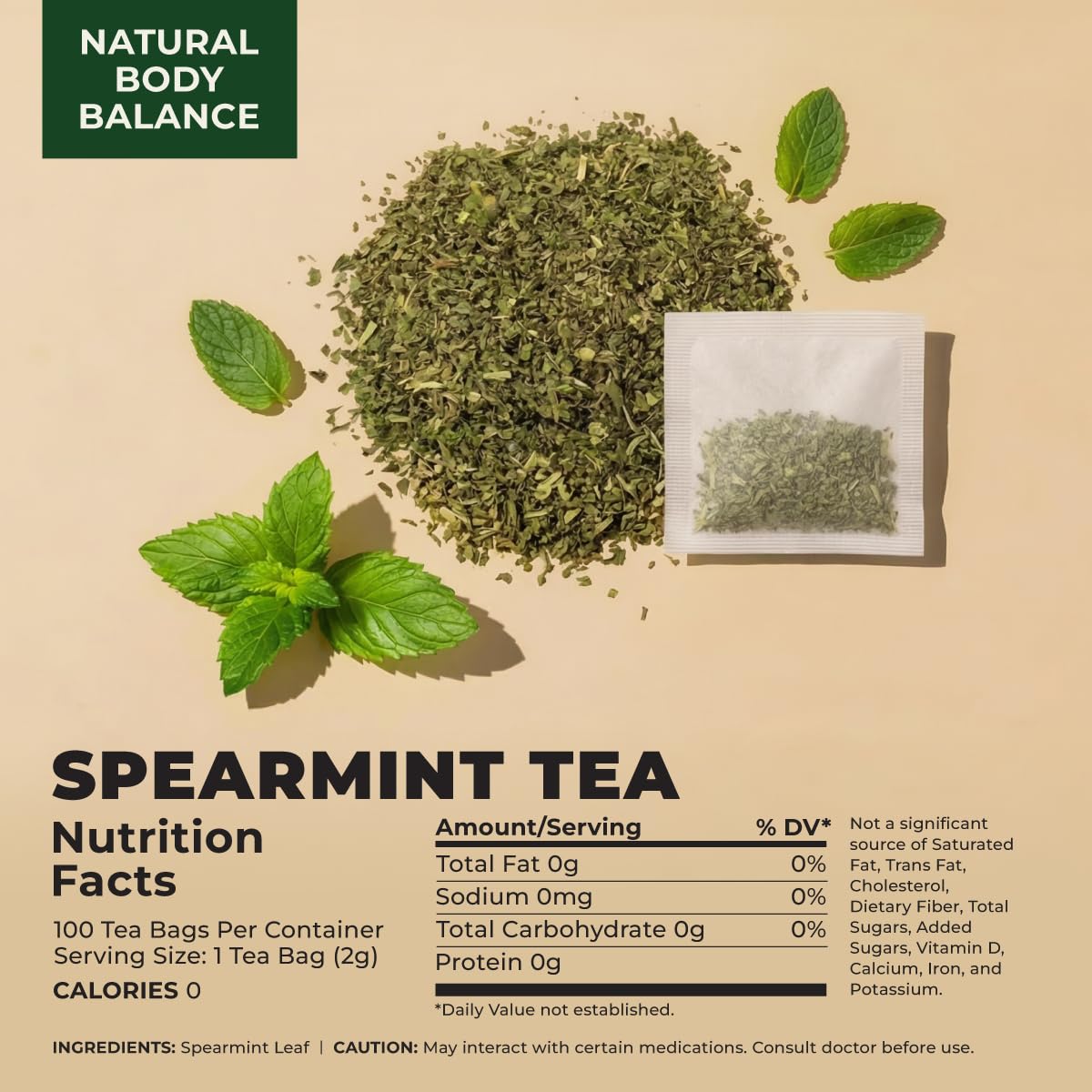 Gya Tea Co Spearmint Leaf Tea Bags (100 Bags) - Caffeine-Free Premium Spearmint Leaves - Non-GMO - Refreshing Mint Tea For Digestion Support