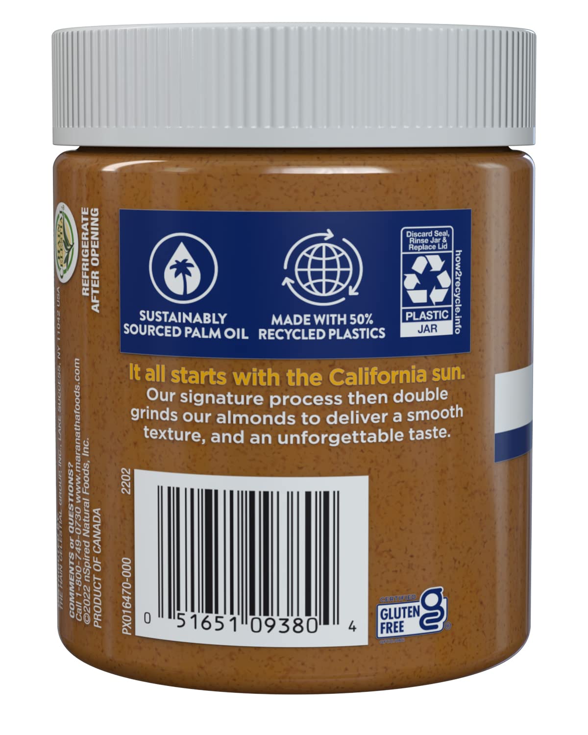 MaraNatha Natural Creamy Almond Butter, Gluten Free Nut Butter, No Stir, No Sugar or Salt Added, 12 Ounce Jar