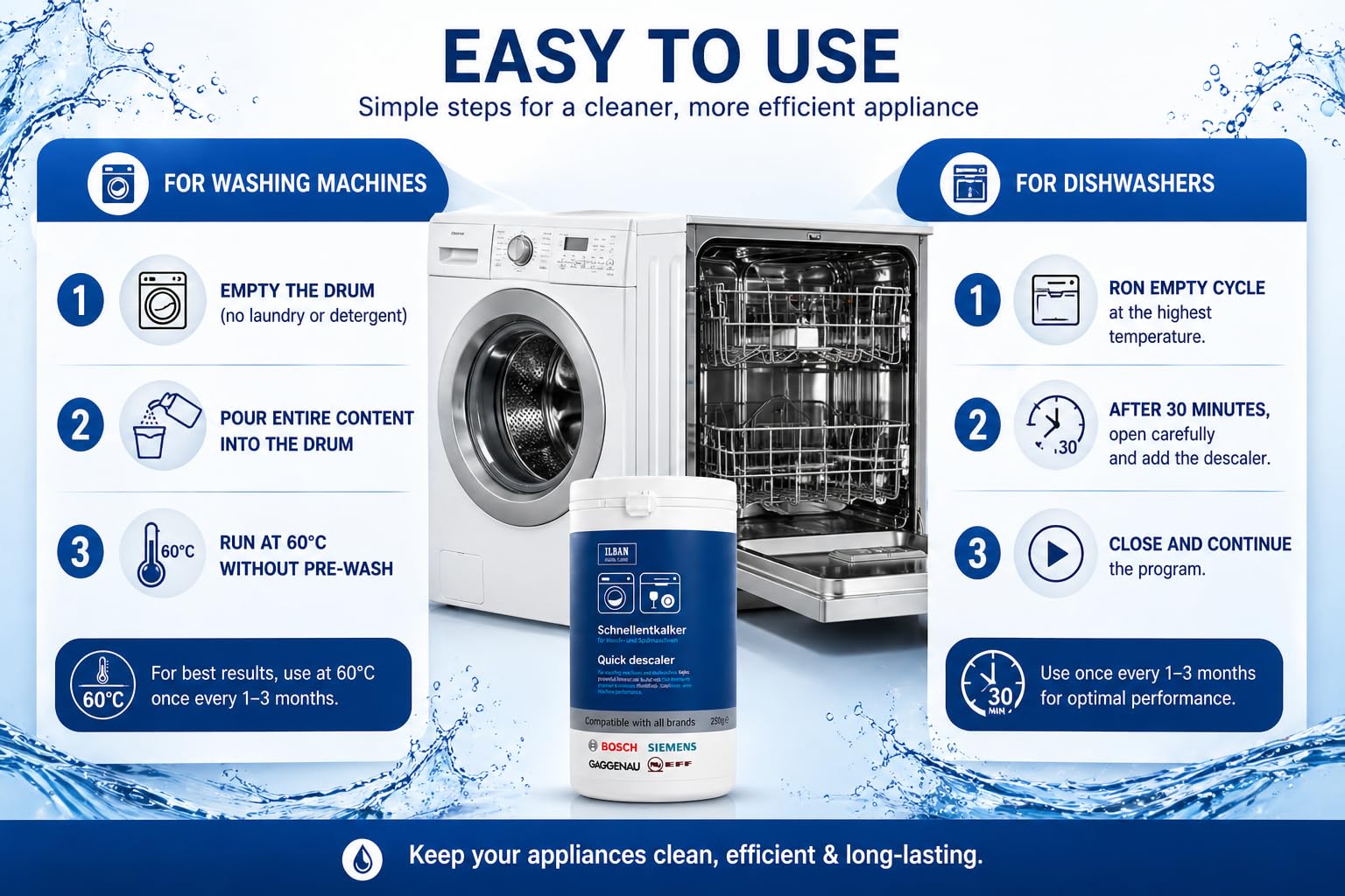 ILHAN GLOBAL TRADE Quick Descaler 250 gr Compatible with Bosch Neff Siemens Washing and Dishwasher Descaler 0311506 Washing and Dishwasher Cleaner