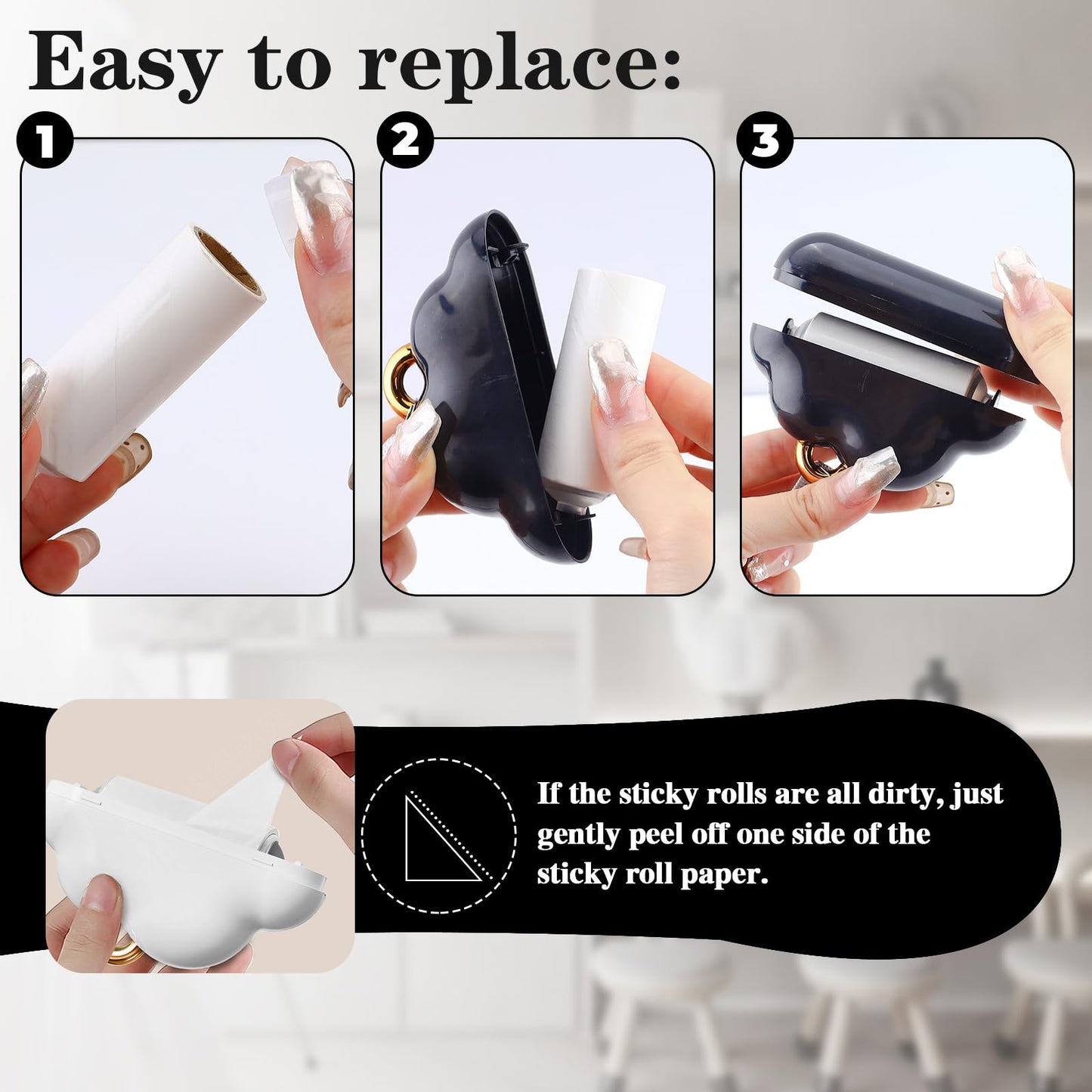 2 Pack Travel Portable Lint Roller with Hand Strap, Reusable Mini Lint Rollers with 6 Refill, Lint Remover for Clothes Bag (Black+White)