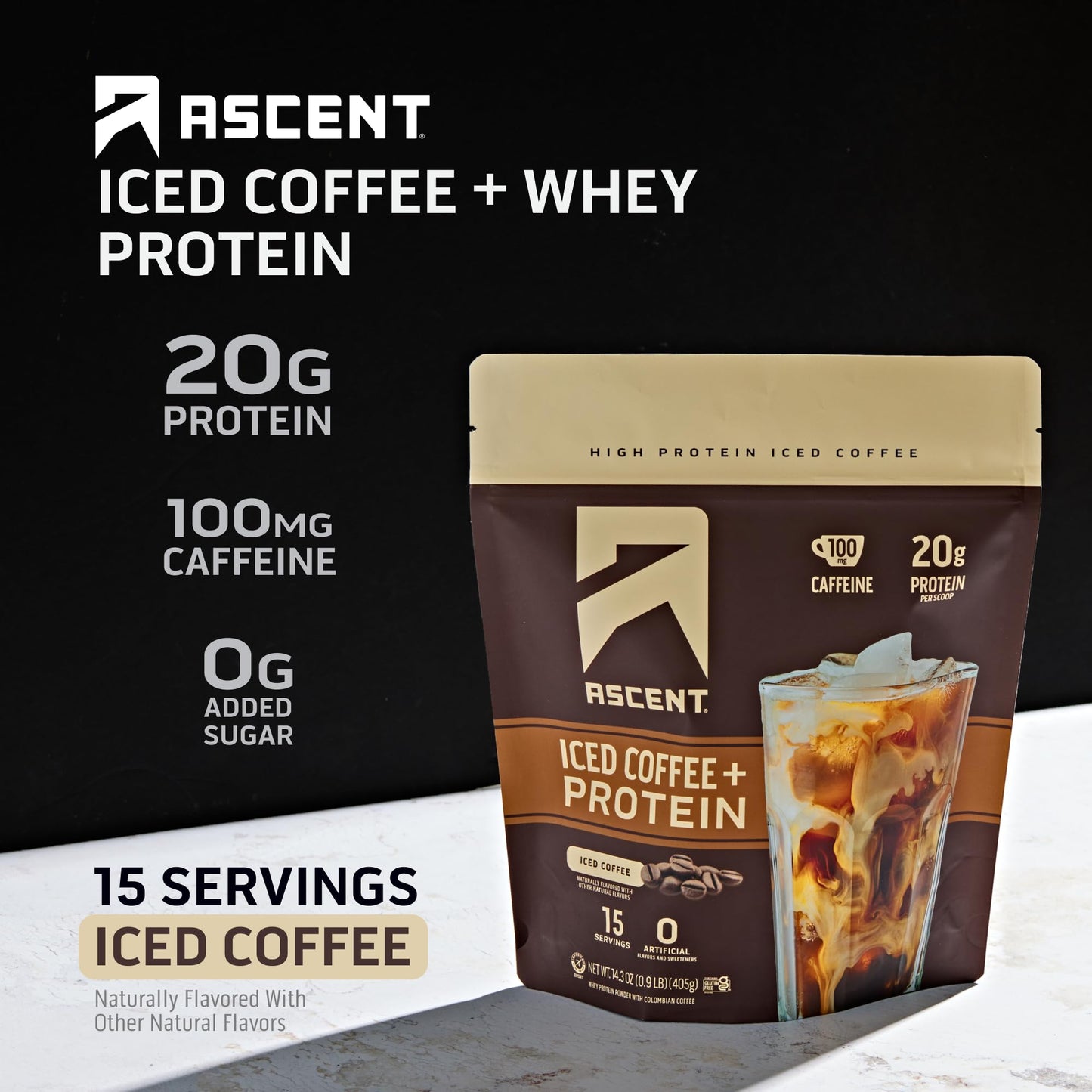 Ascent Iced Coffee Protein Powder - High Protein Coffee Powder, 20 g Protein & 100 mg Caffeine from Premium Colombian Coffee, Zero Artificial Flavors