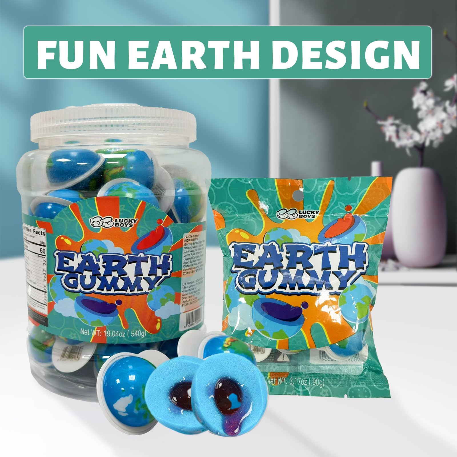 Lucky boys Earth Gummy Candy With Fruity Liquid Center Fat Free Perfect for Halloween & Themed Parties, Fun & Delicious 19.04oz (Earth Gummy 19.04oz