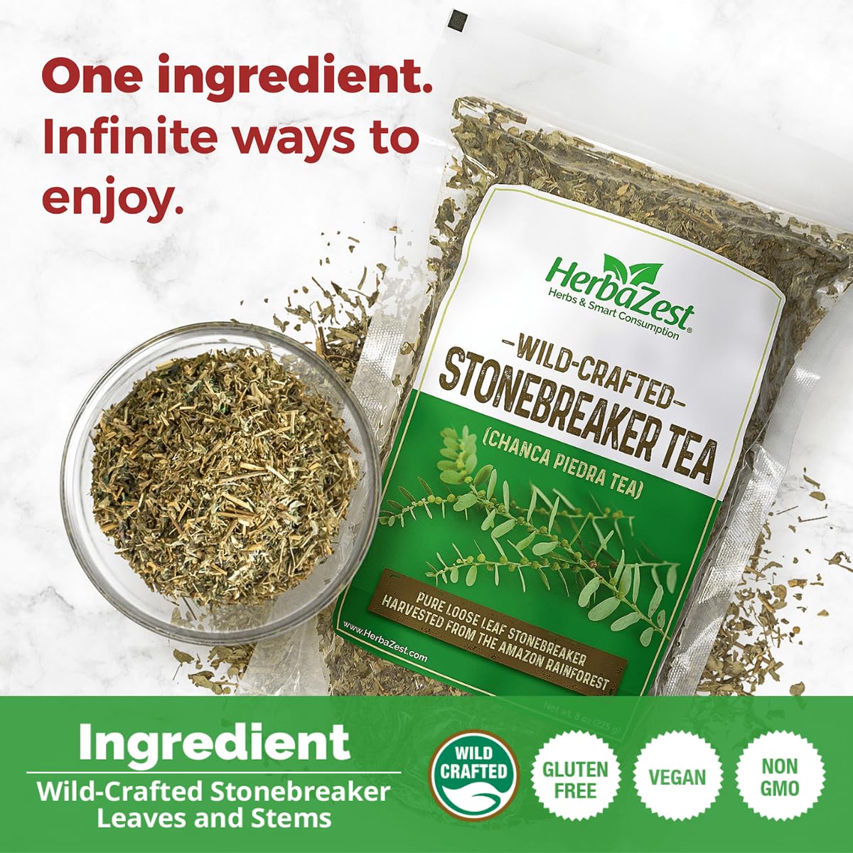 HerbaZest Chanca Piedra Tea (Stonebreaker/Stone Breaker) - 8 oz (225 g) - Wild-Crafted Loose Leaf - Caffeine-Free Herbal Tea - 100% Pure, Non-GMO