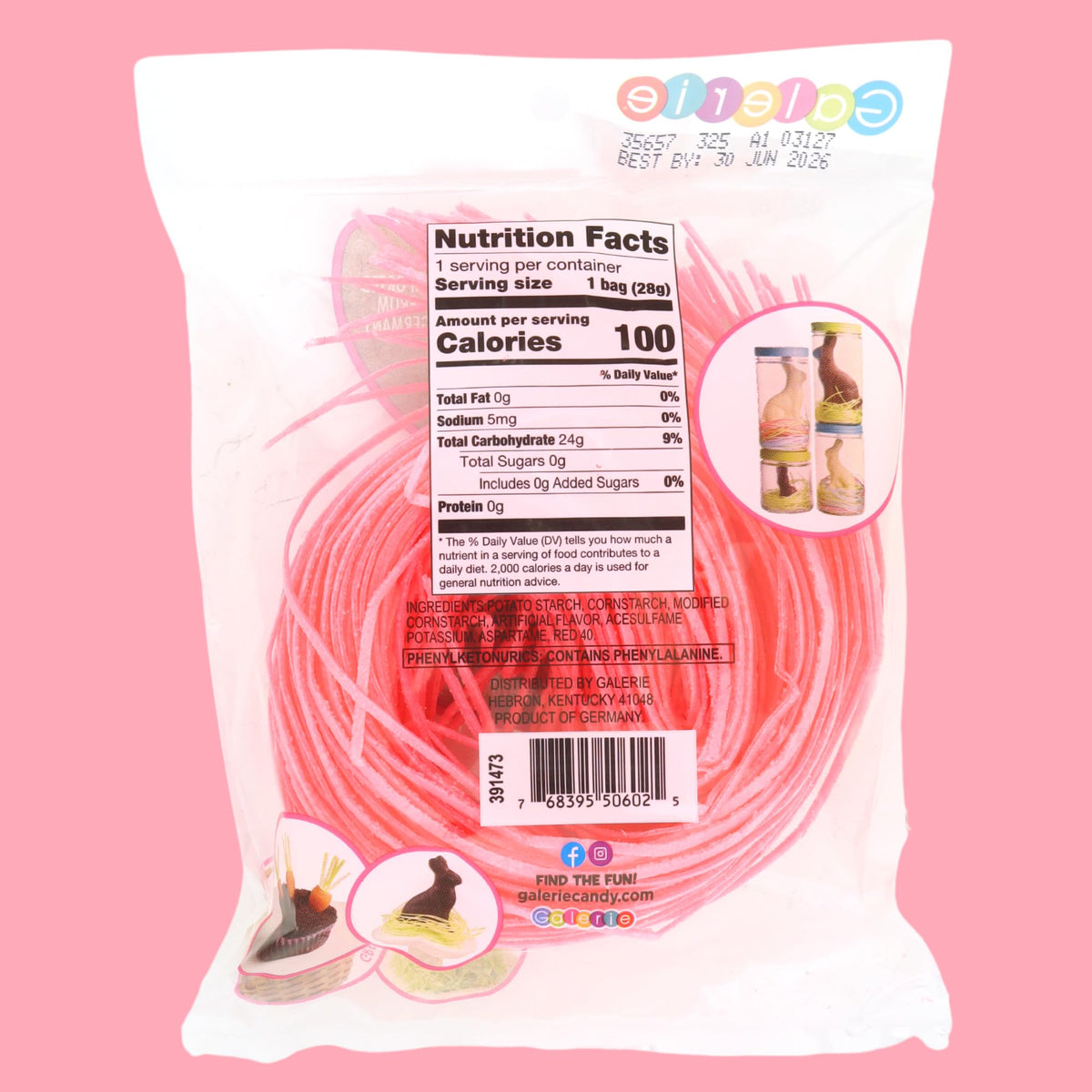 Sweetzo Pink Edible Easter Grass, Strawberry Flavored Cake and Cupcake Toppers, Basket Stuffers, Pack of 3