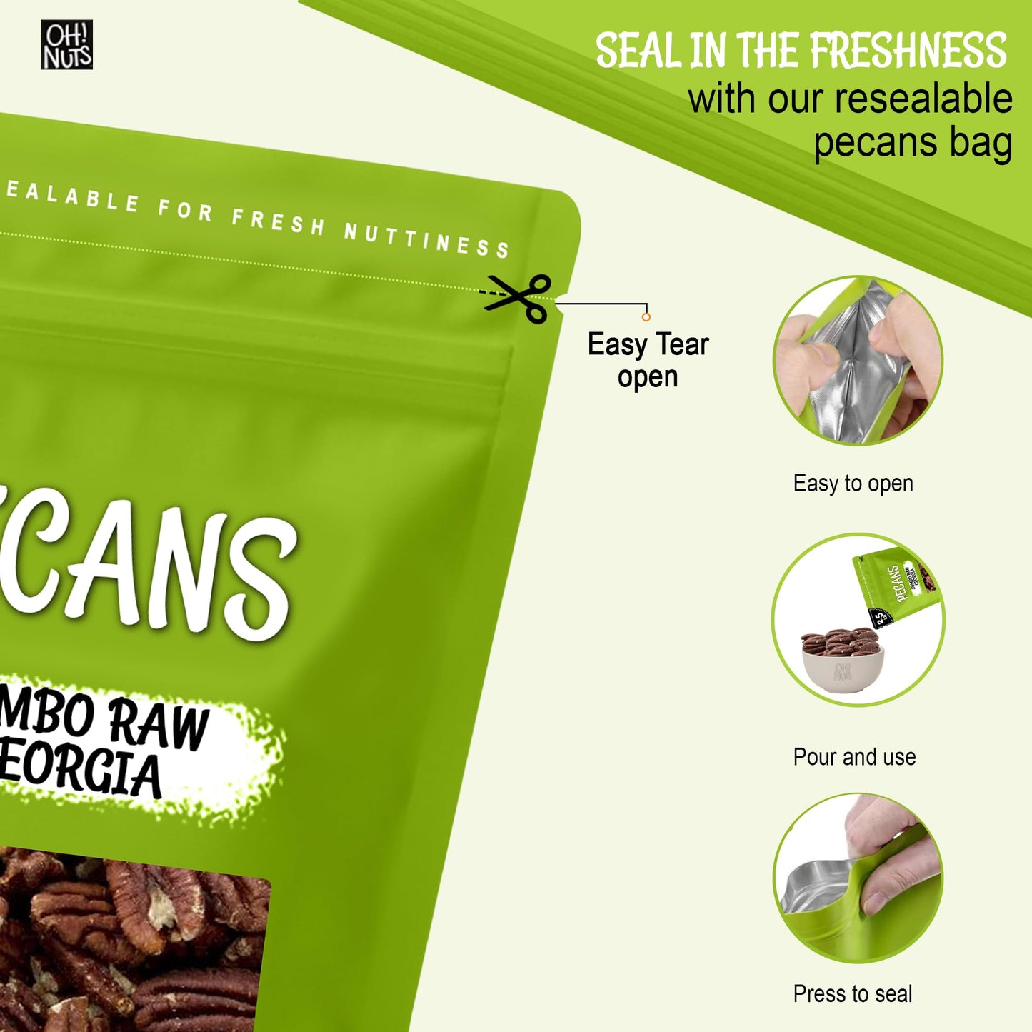 Oh! Nuts Pecans Halves & Wholes - Raw - 100% Natural - 2 lb - Raw Georgia Pecans - Packed in New York Zip-Seal Bag for Exceptional Freshness