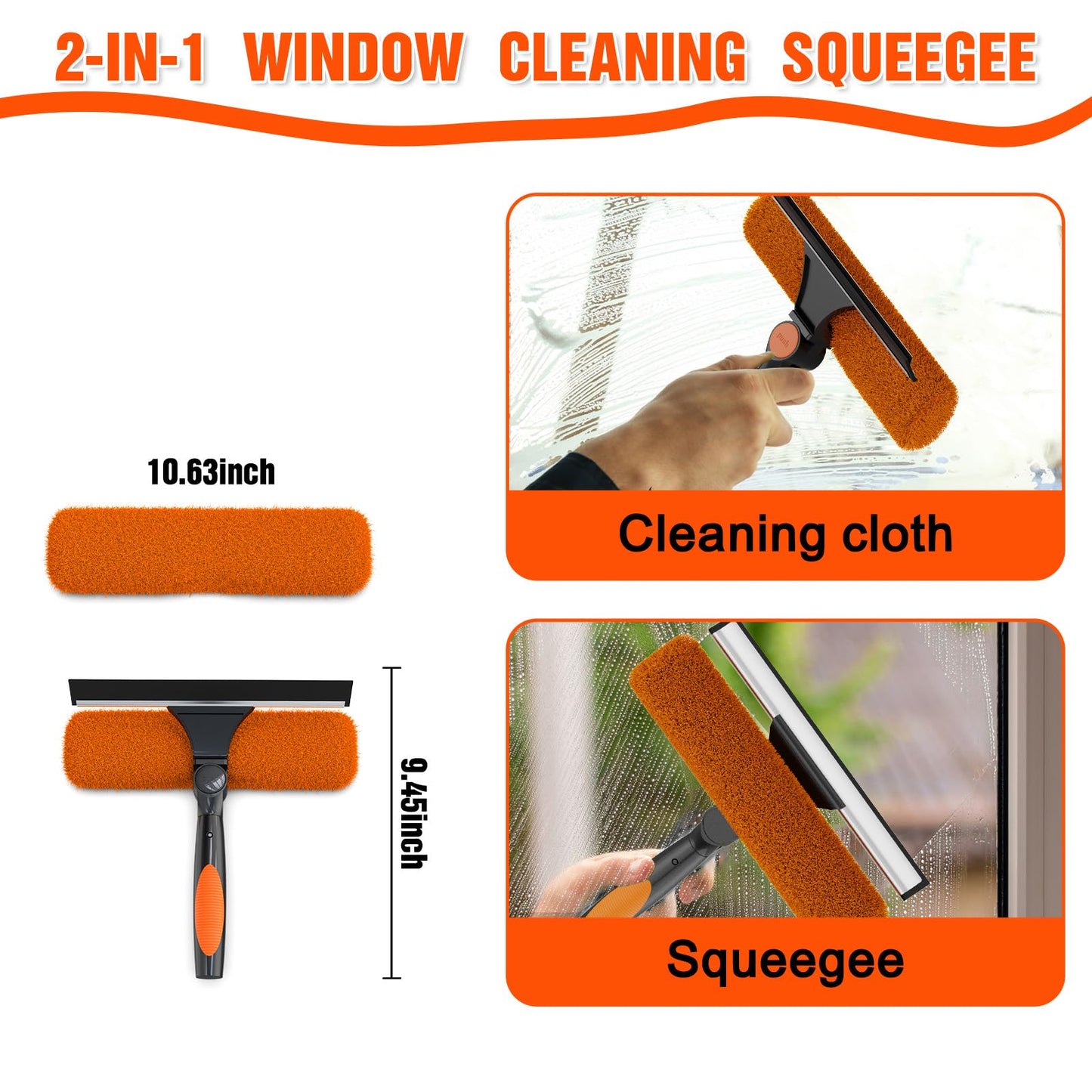 16FT Reach Window Squeegee Kit with Extension Pole, 2-in-1 Professional Washer for High Windows, 3-12FT Adjustable Reach, Rotatable Head for Indoor