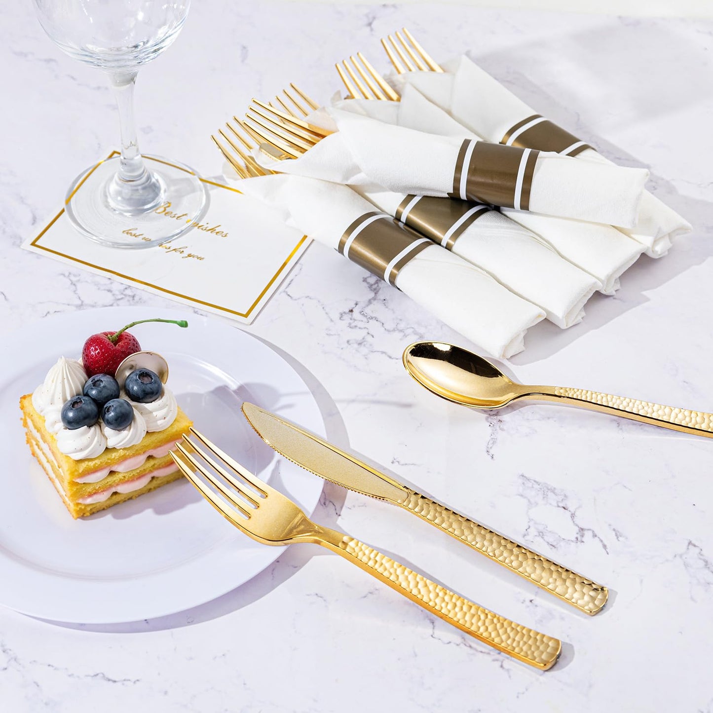 WELLIFE 50 Pack Gold Plastic Silverware with Pre Rolled Napkins,Hammer Pattern Design,Plastic Cutlery Includes: 50 Forks,50 Knives,50 Spoons,50