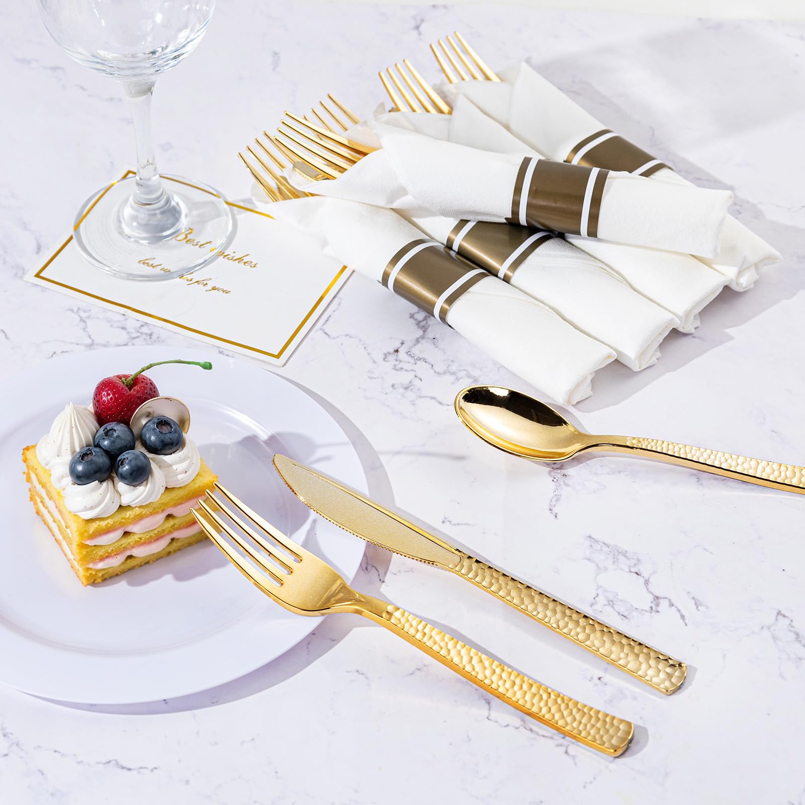 WELLIFE 50 Pack Gold Plastic Silverware with Pre Rolled Napkins,Hammer Pattern Design,Plastic Cutlery Includes: 50 Forks,50 Knives,50 Spoons,50