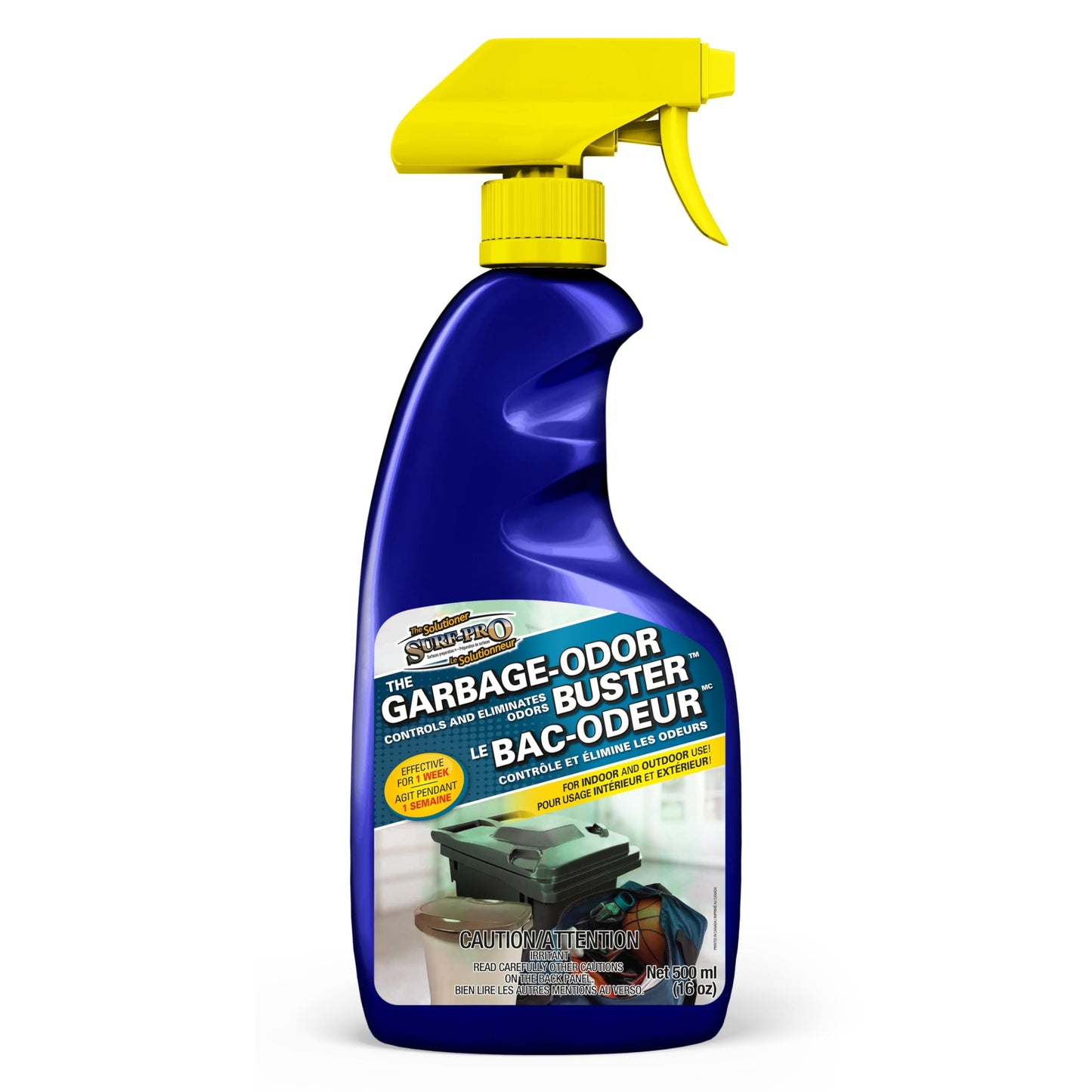 Trash Can Odor Eliminator Spray, weather-resistant formula, 500ml, controls and eliminates garbage bin odors indoors and outdoors, by Surf-Pro