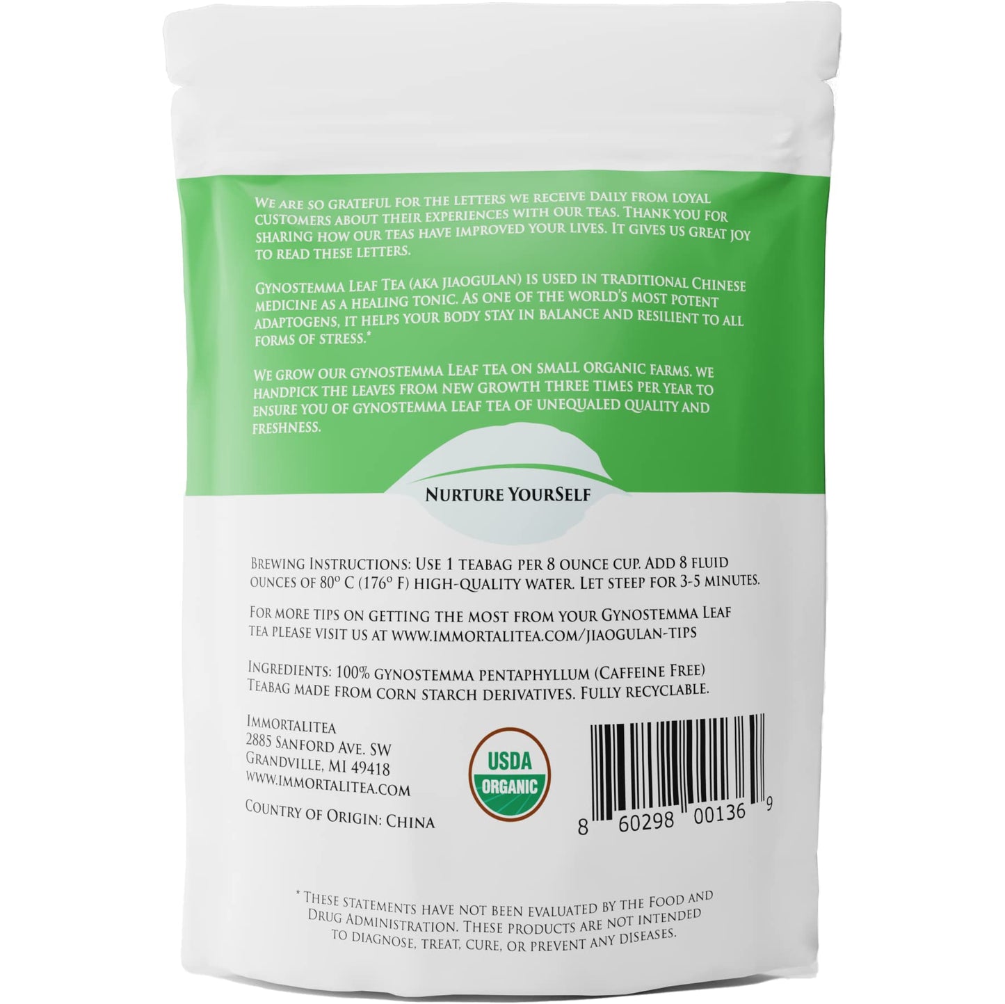 Gynostemma Tea - USDA Organic Jiaogulan Pyramid Teabags - Caffeine-Free Longevity Herbal Tea - 30 Pyramid Tea Bags