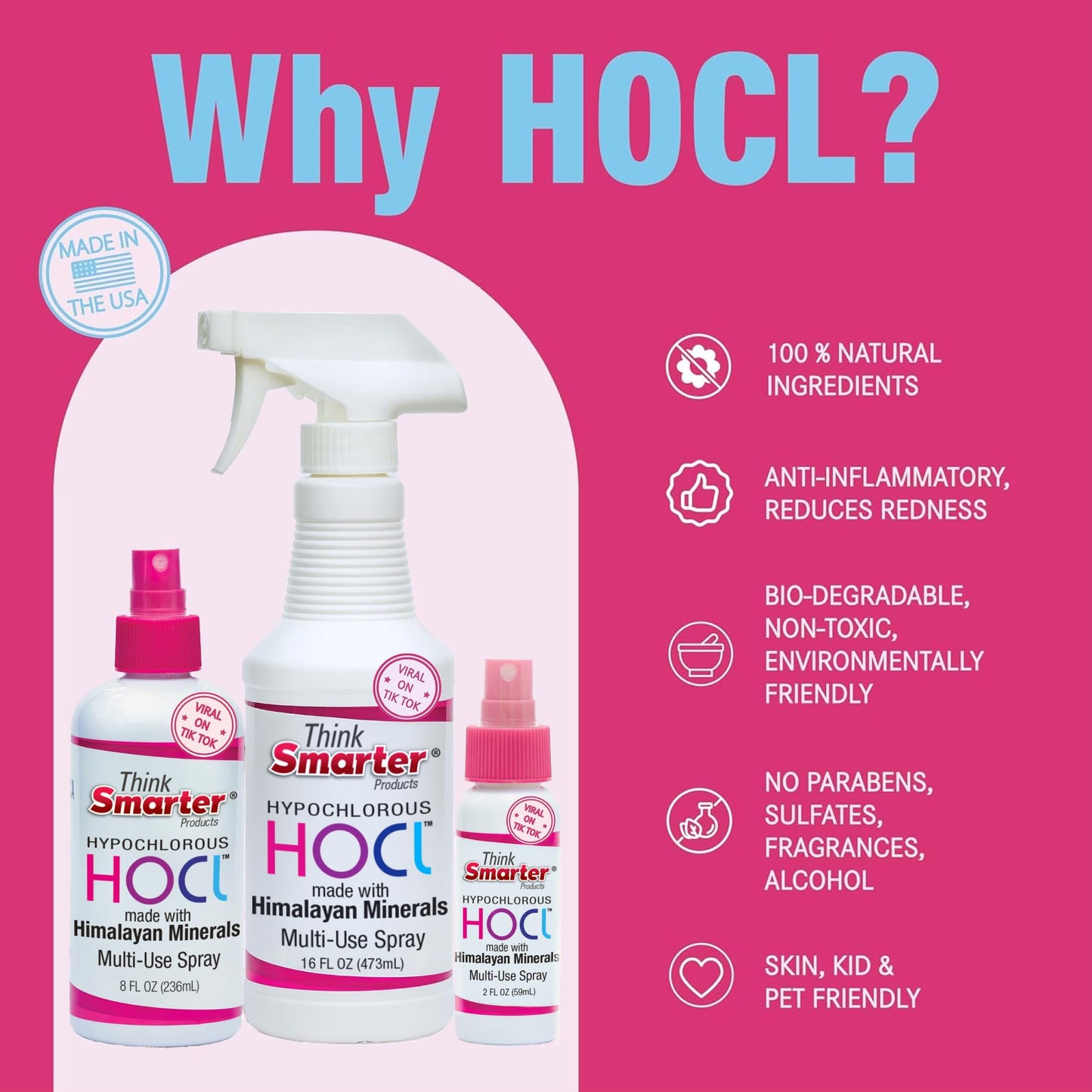 Think Smarter Products HOCL All-Purpose Cleaner with Hypochlorous Acid, All-Natural Surface Cleaner, & Skin Hydrator 16fl oz Clear Spray