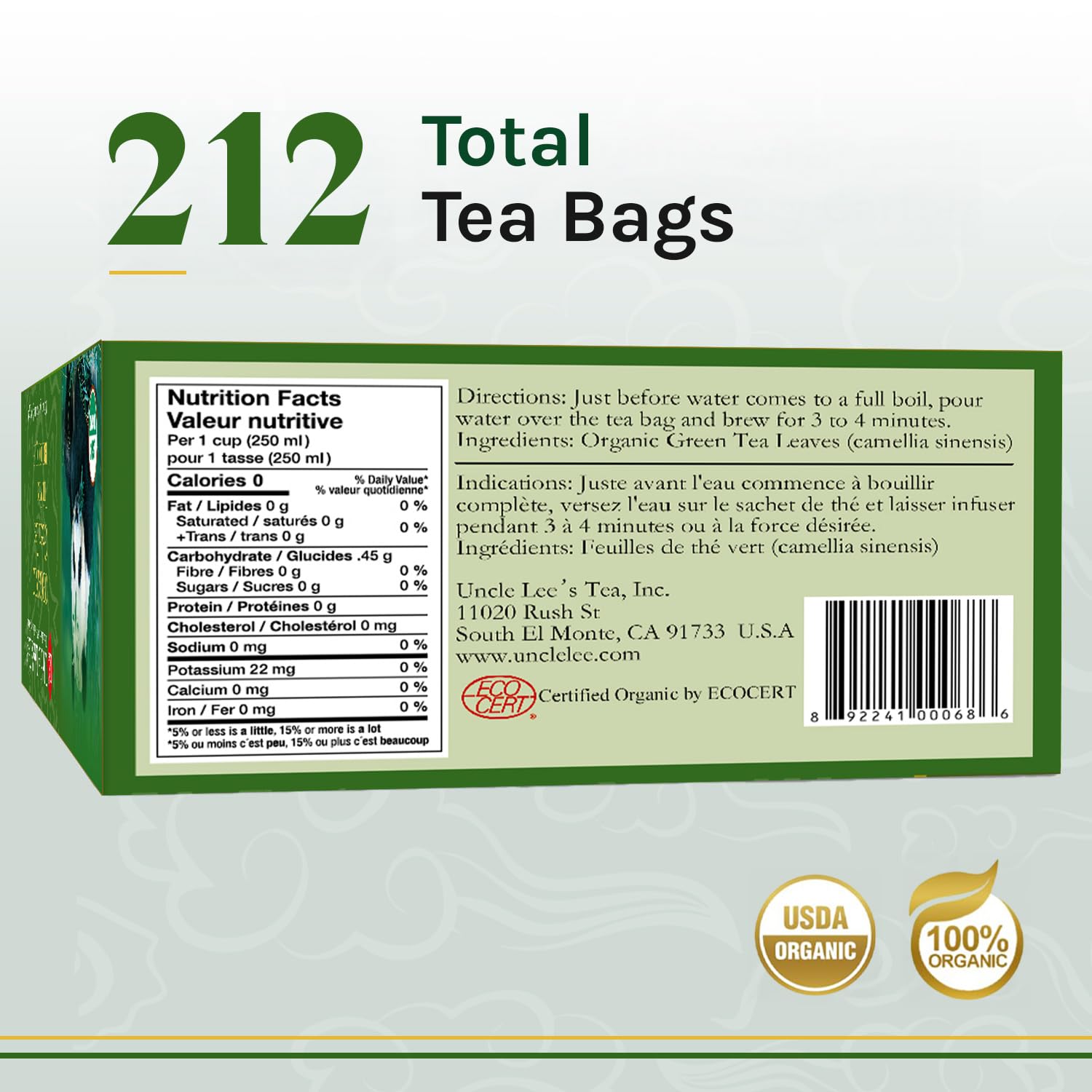 Uncle Lee's Organic Green Tea Bags 2-Pack, 106-Count Super Packs - Bright & Refreshing, Lightly Caffeinated Bulk Tea for Home, Office, Camping
