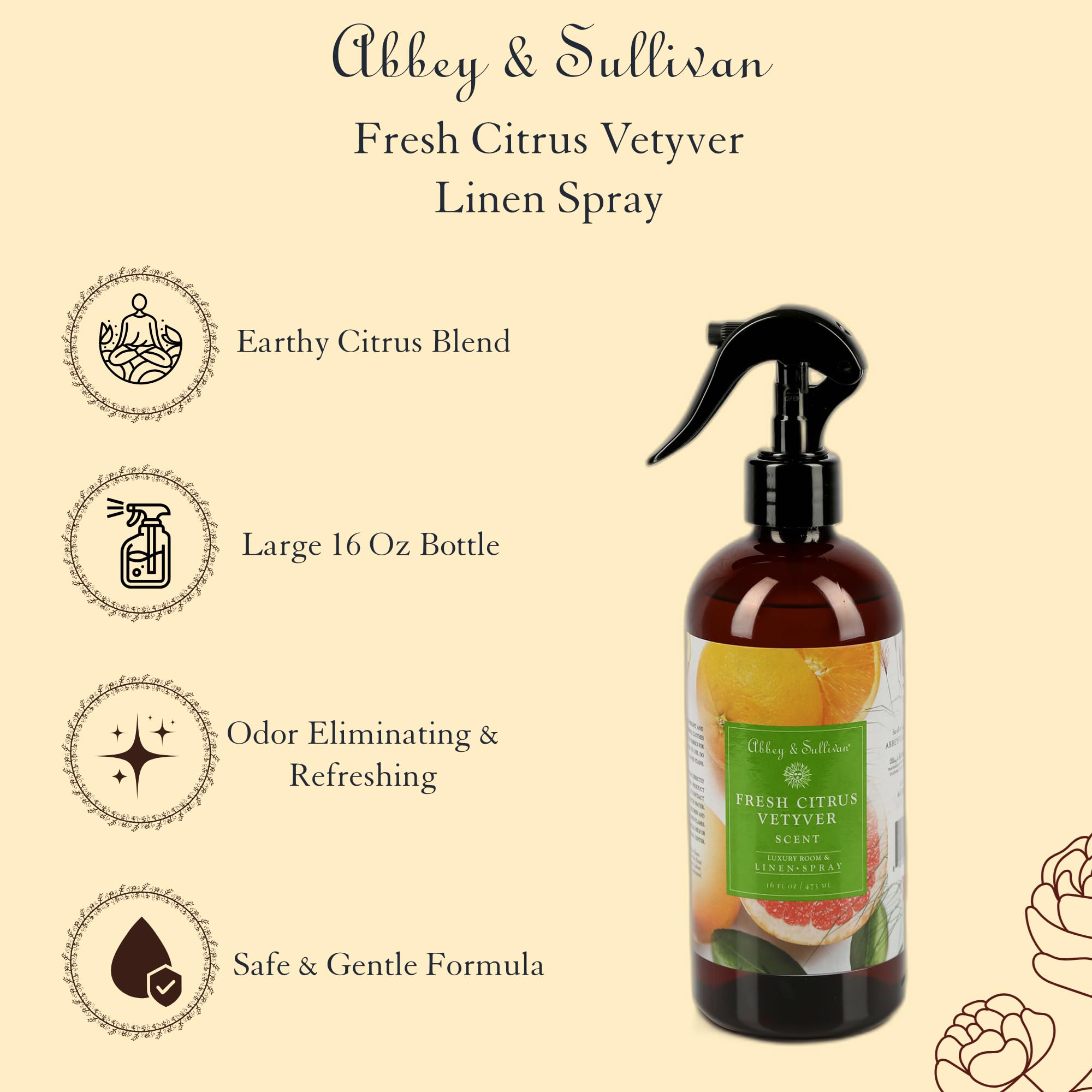 Abbey & Sullivan Linen Spray, Fresh Citrus Vetyver, 16 oz