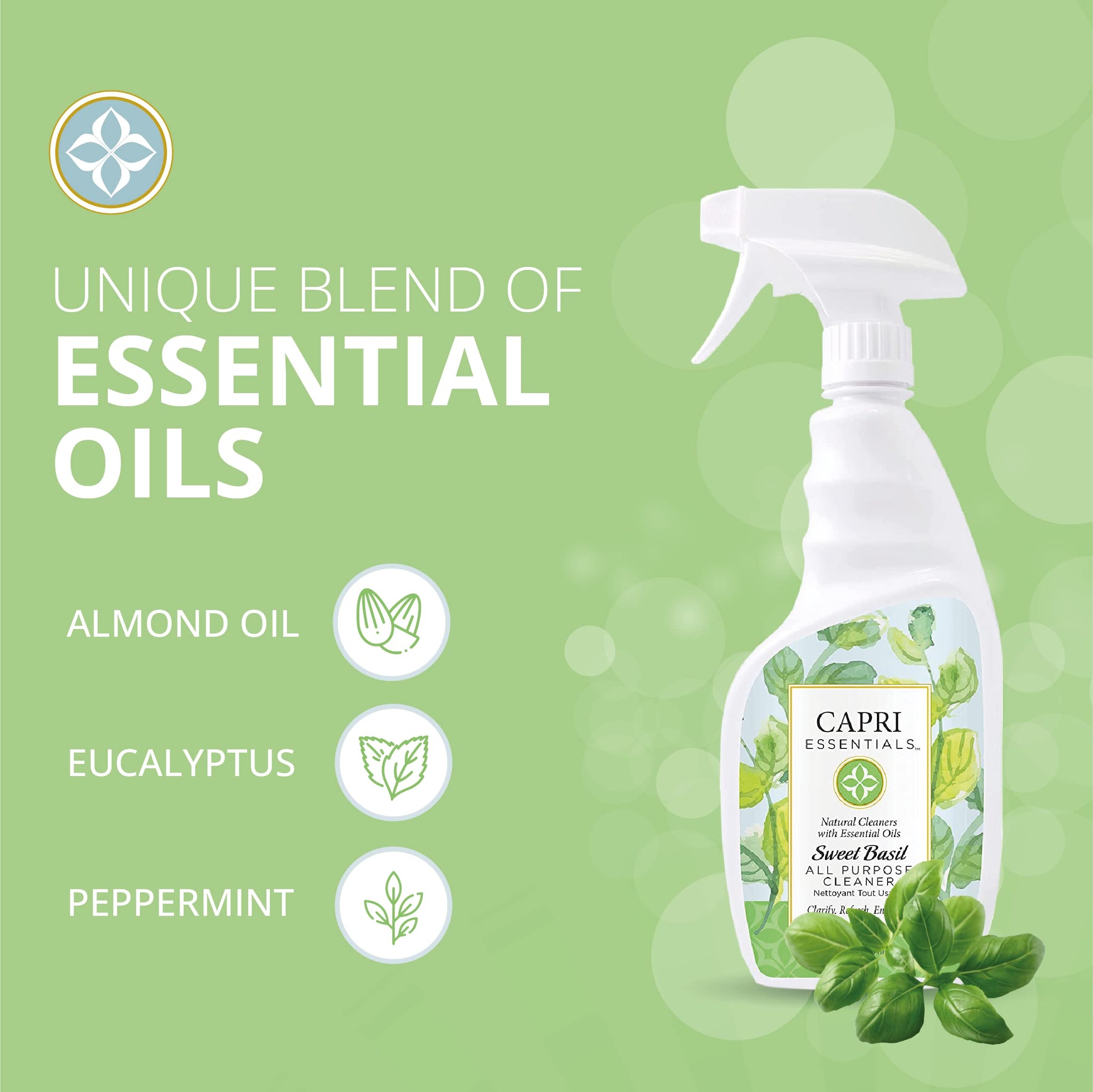CAPRI ESSENTIALS APC, Household Dust Remover, Kitchen Counter Surface Spray, Removes Grime, Blend of Essential Oils, Sweet Basil 23 FL Oz