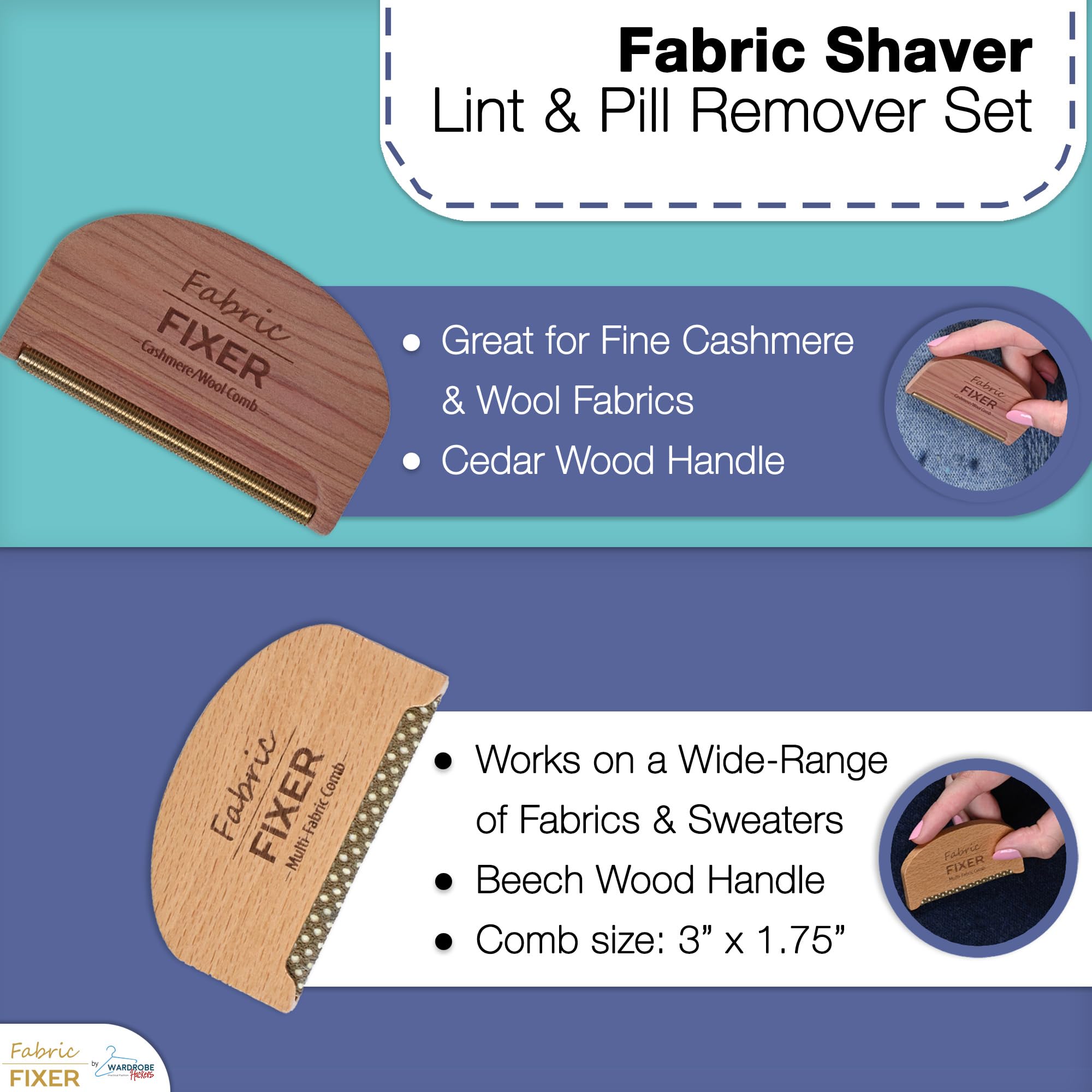 Cashmere Pill Remover Comb & Multi Fabric Shaver Depilling Sweater Fuzz Comb Set (Cedar & Beech Wood) Wool Pilling Remover for Delicate Clothing