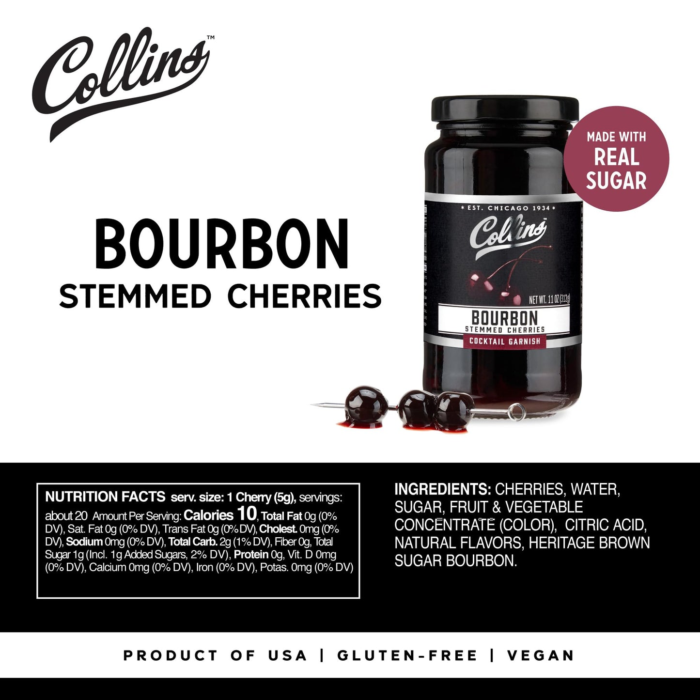 Collins Bourbon Cocktail Cherries - Drinks Garnish for Manhattan or Old Fashioned Cocktails and Desserts, Made with Award Winning Whiskey, 11 Ounce