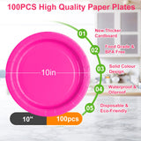 CENLBJ 10inch Hot Pink Paper Plates 400GSM,Disposable Party Dinner Plates,100PCS for Birthday,Girls Day,Baptism,Holiday Celebrations