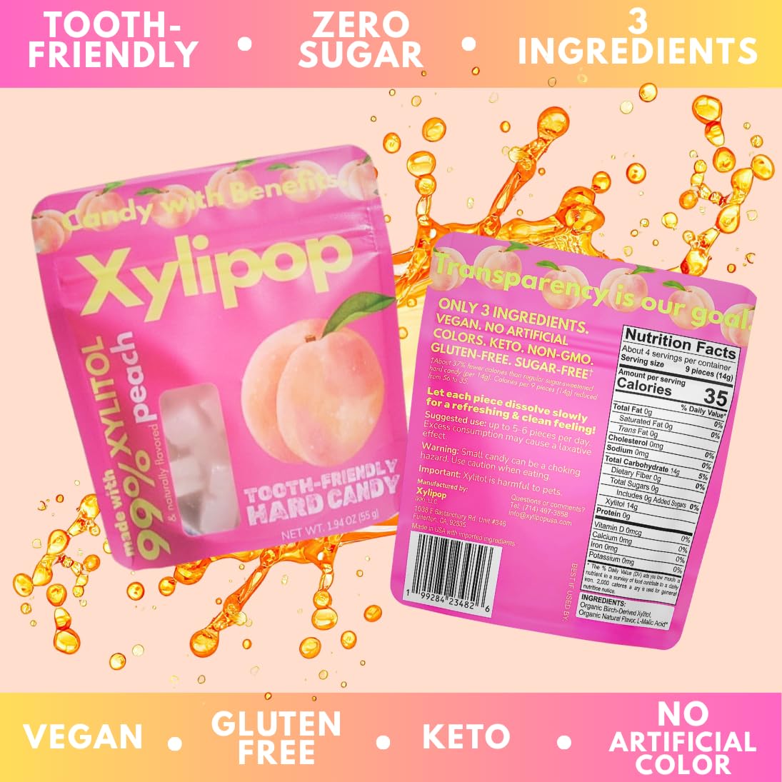 Xylipop Peach - Tooth-Friendly Xylitol Candy | Made with 3 Organic Ingredients | Sugar-Free & Vegan | Cavity-Safe Treat for Kids & Adults | 1.94 oz